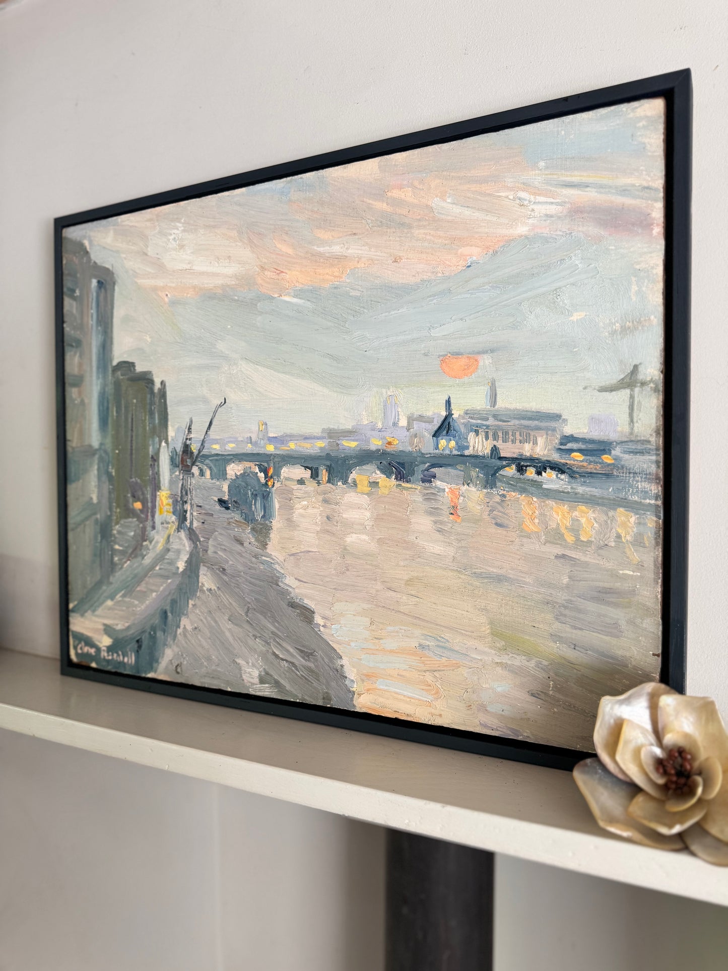 Mid Century View From Southwark Bridge Oil On Wooden Board