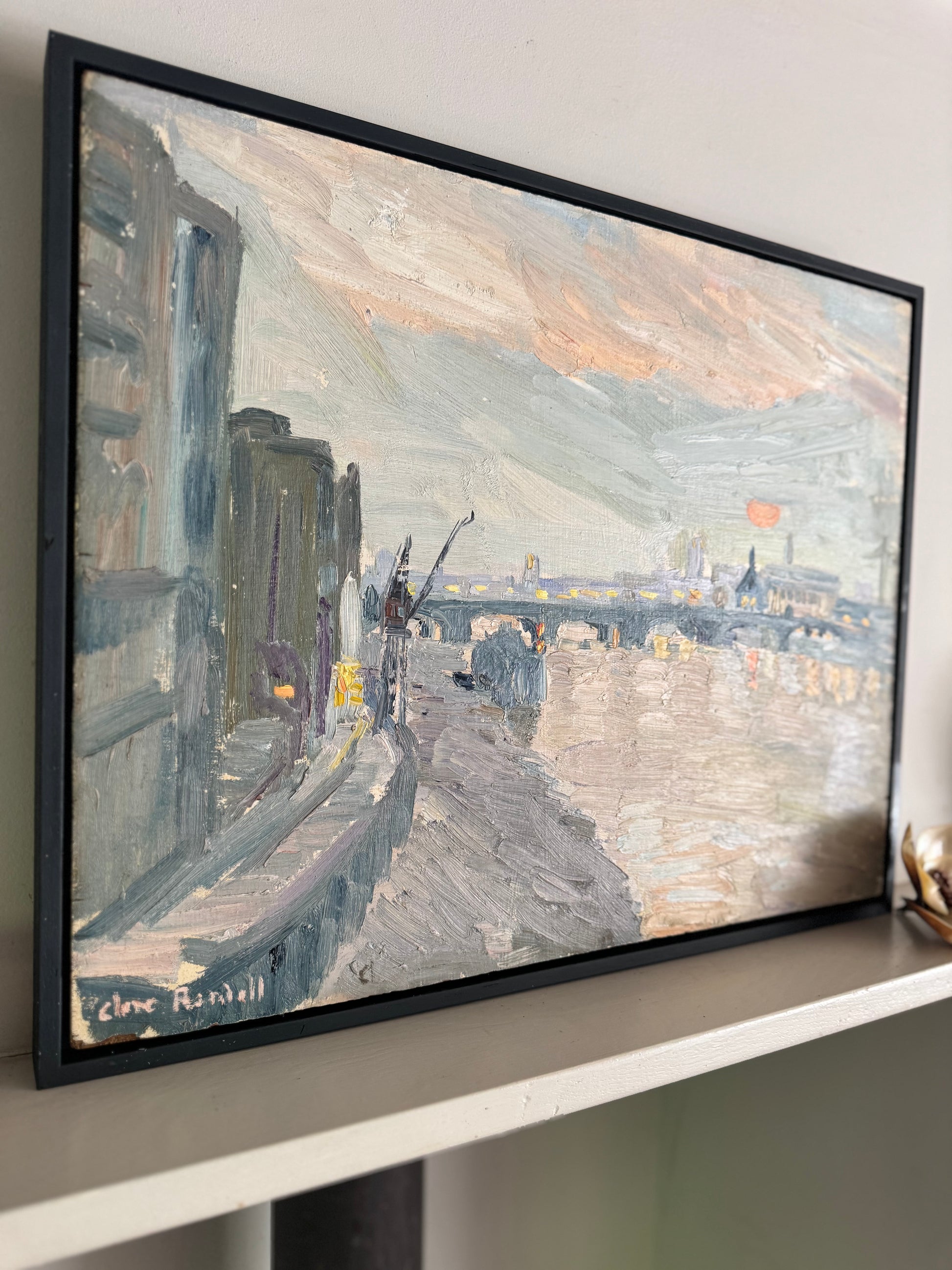 Mid Century View From Southwark Bridge Oil On Wooden Board