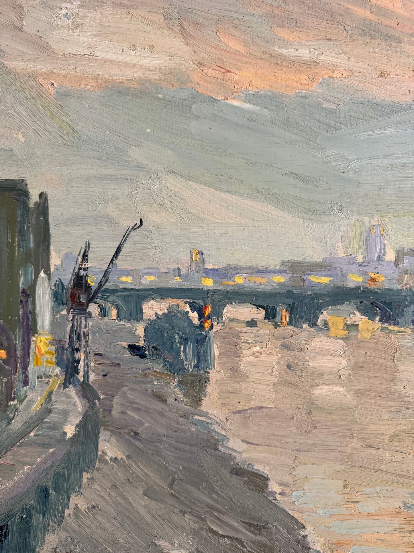 Mid Century View From Southwark Bridge Oil On Wooden Board