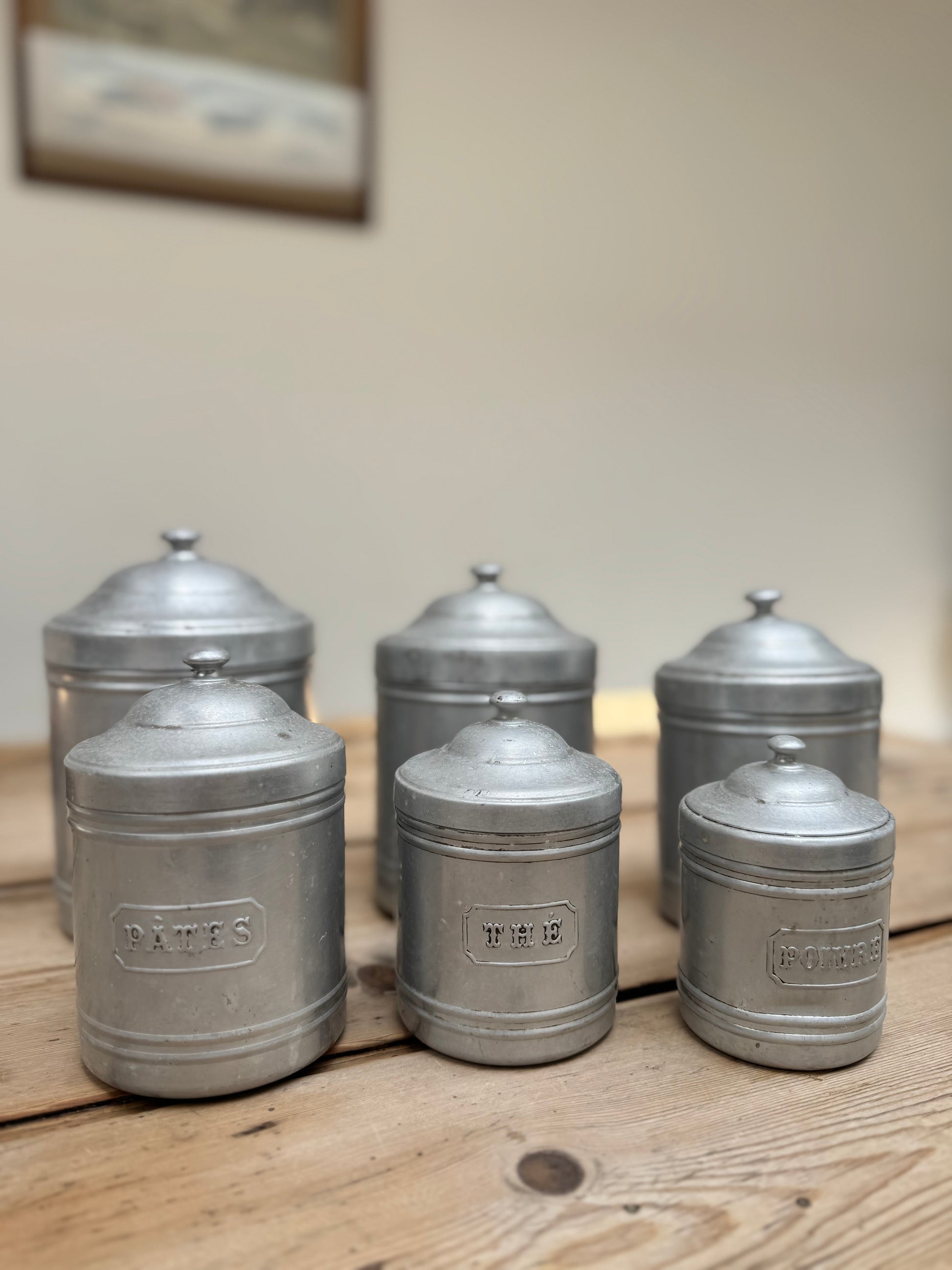 Set Of 6 Vintage French Aluminium Stacking Canisters