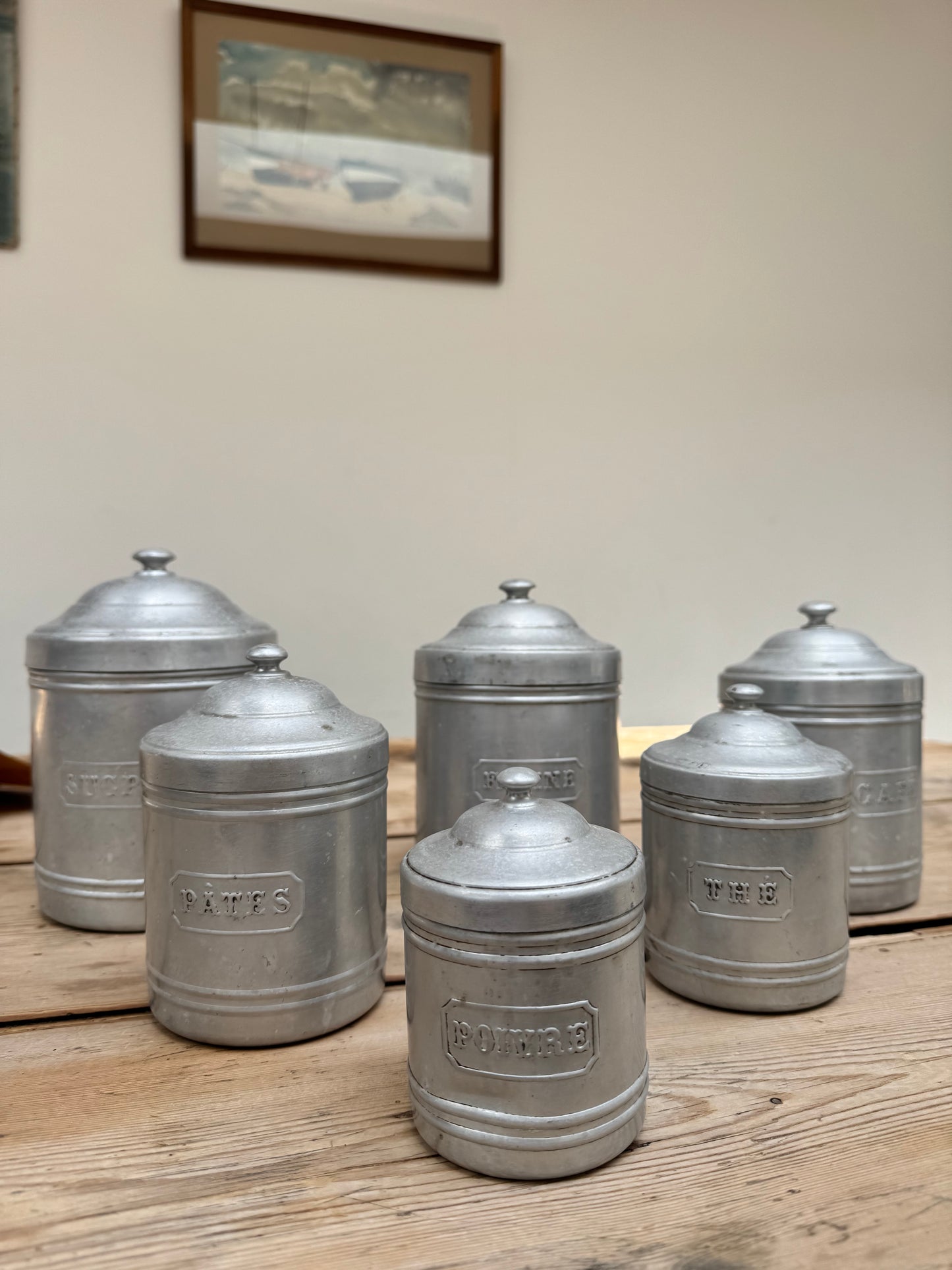 Set Of 6 Vintage French Aluminium Stacking Canisters