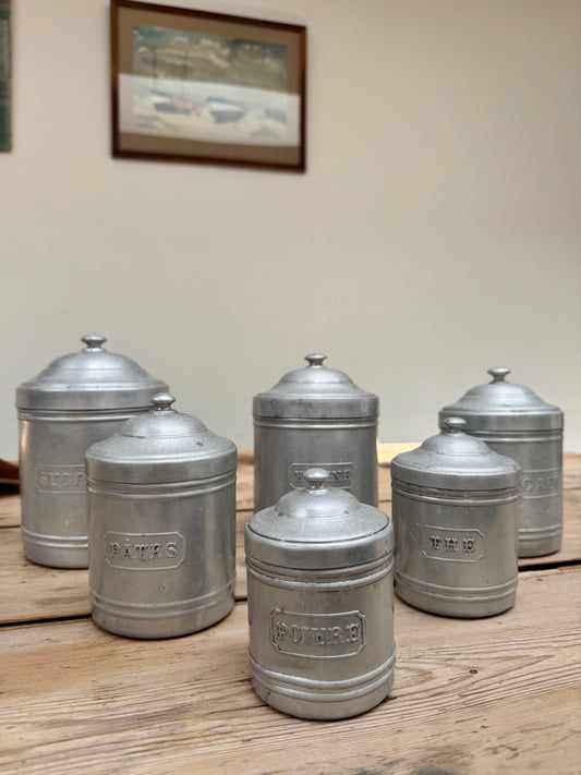 Set Of 6 Vintage French Aluminium Stacking Canisters