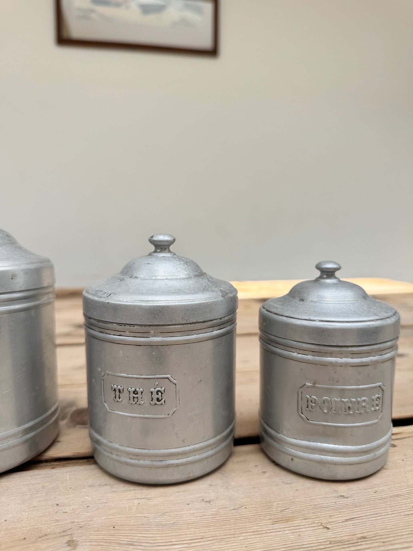 Set Of 6 Vintage French Aluminium Stacking Canisters