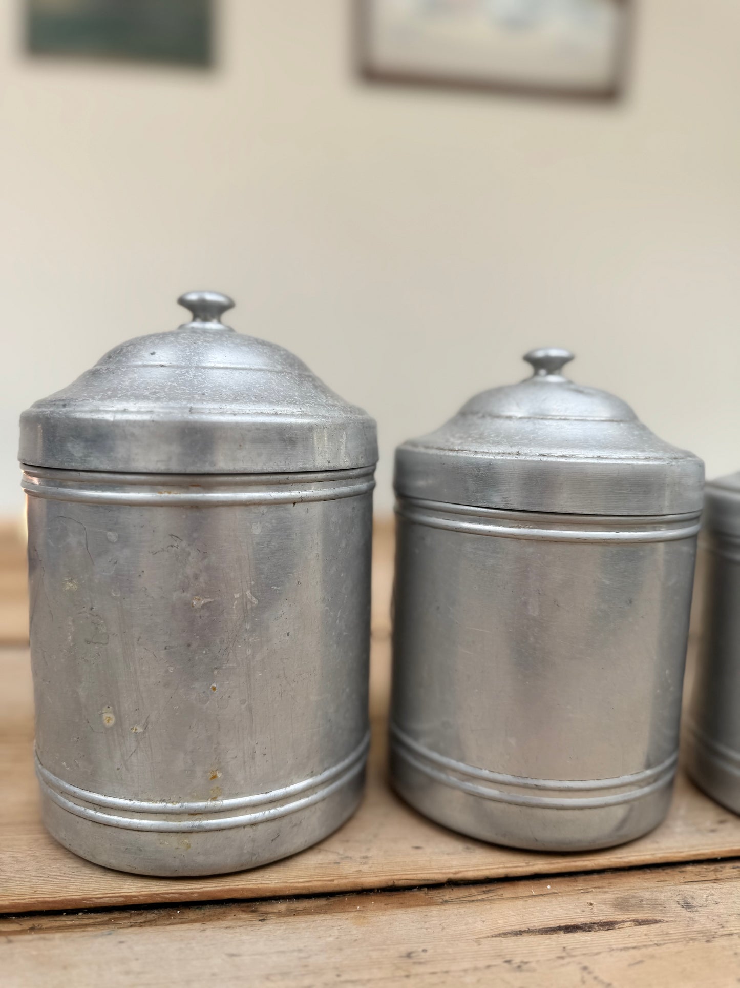 Set Of 6 Vintage French Aluminium Stacking Canisters