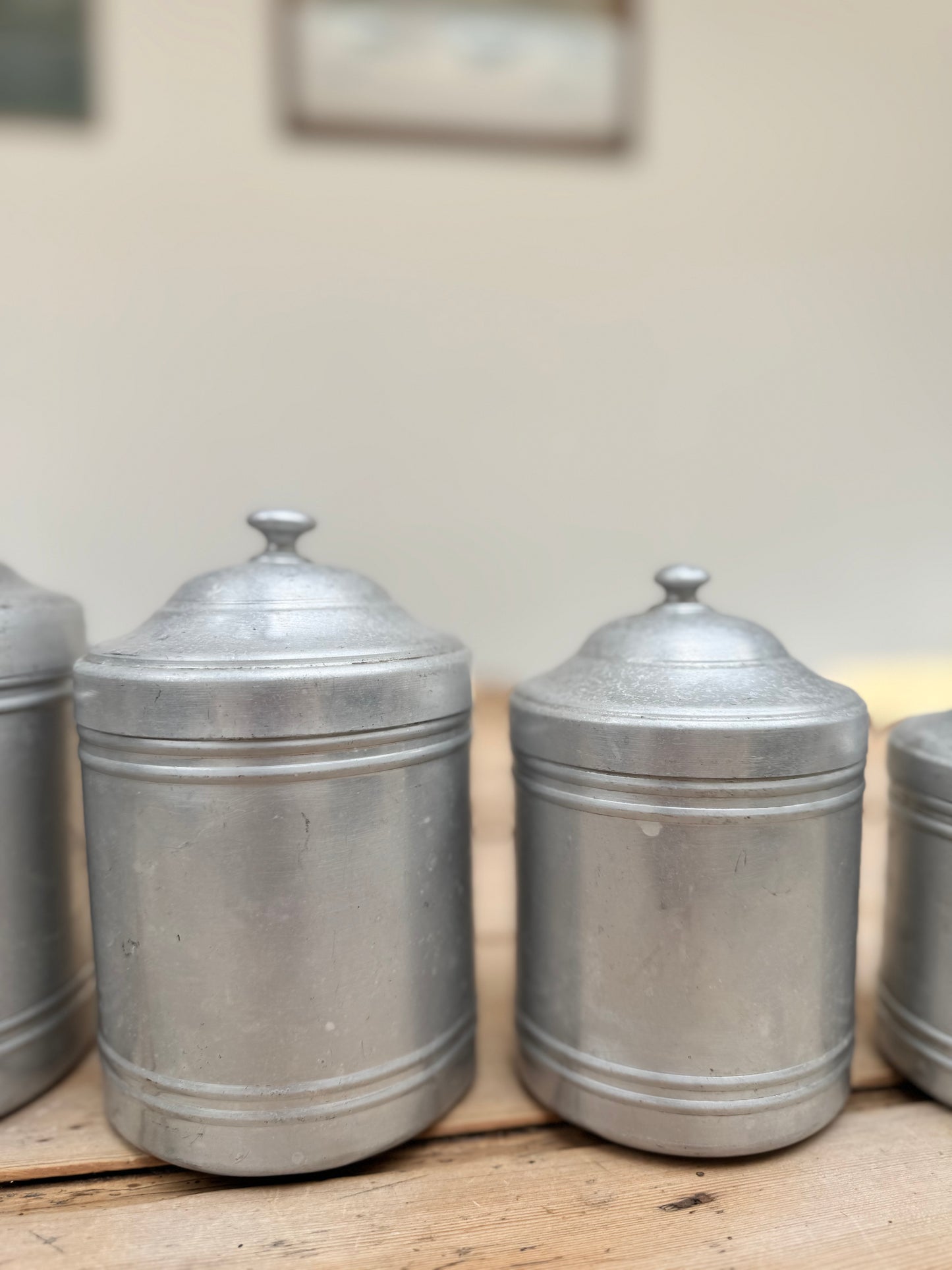 Set Of 6 Vintage French Aluminium Stacking Canisters