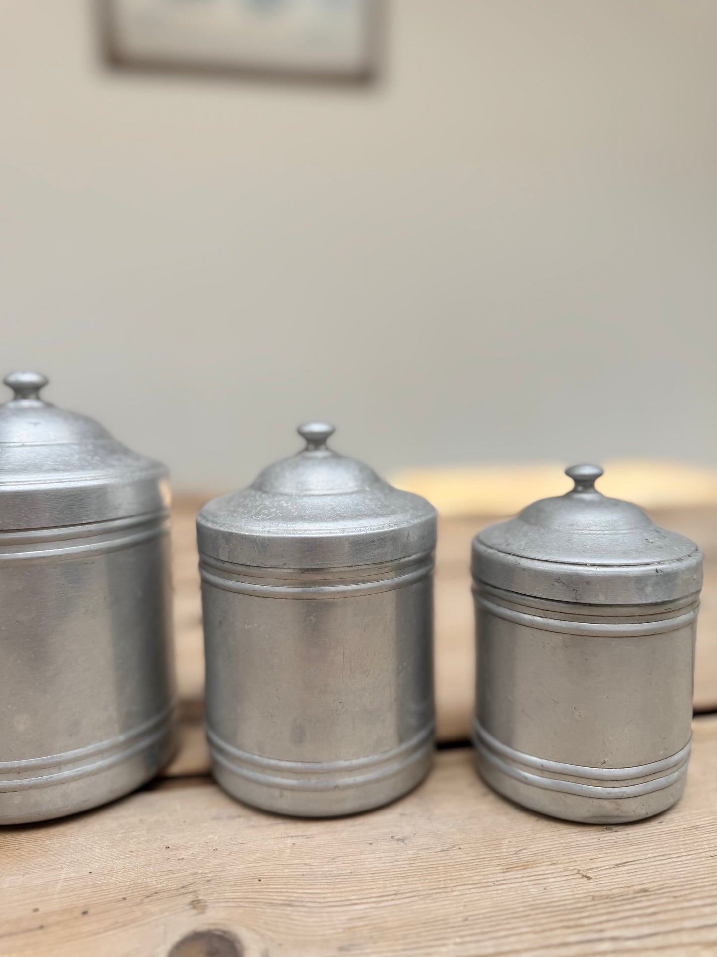 Set Of 6 Vintage French Aluminium Stacking Canisters