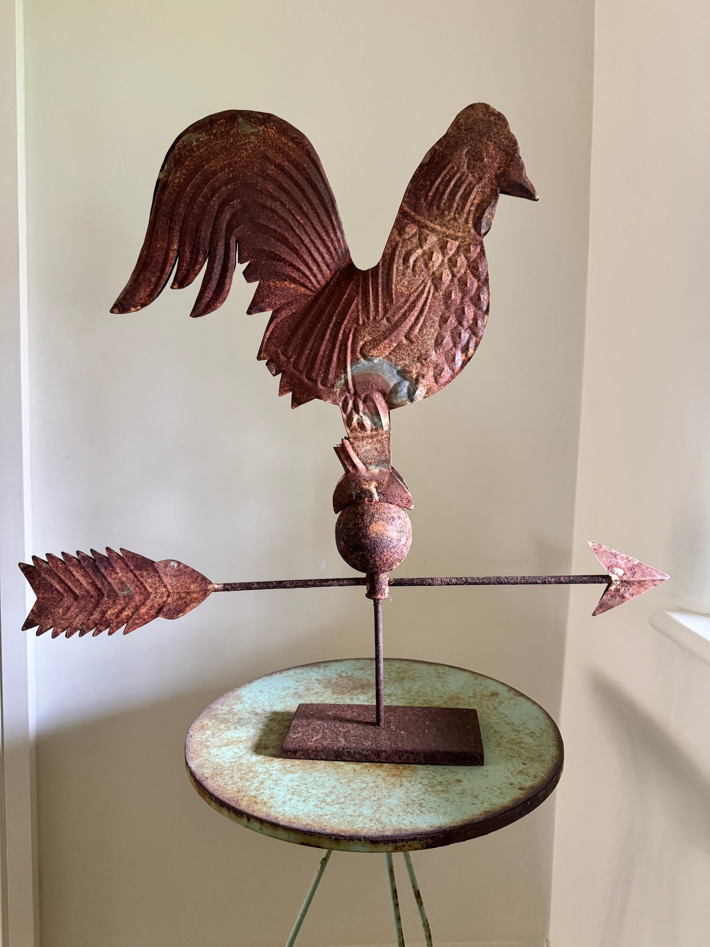 Vintage French Embossed Cockerel Mounted Weathervane 