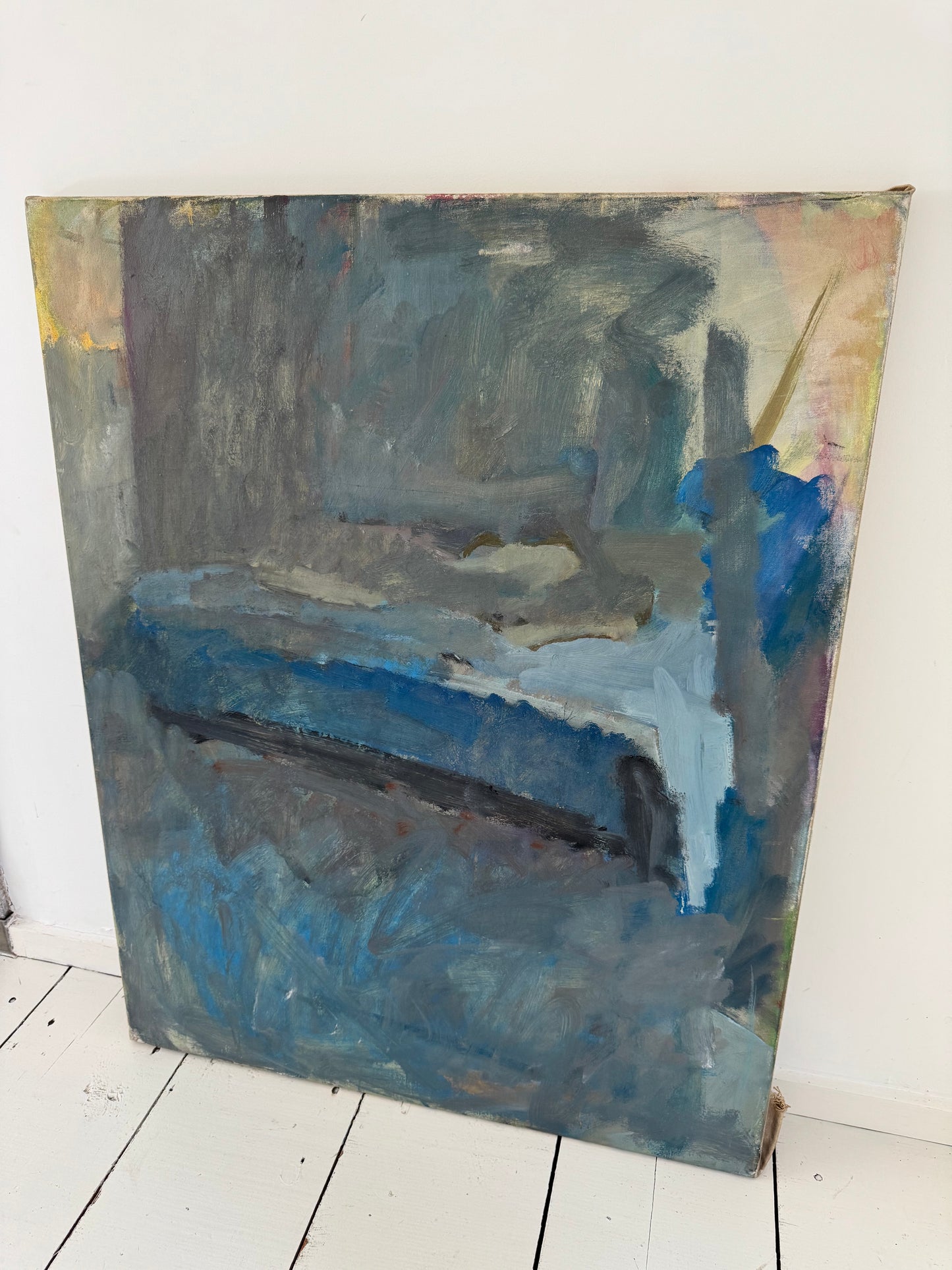 Striking Large Mid Century Abstract Figure On Bed Oil On Canvas