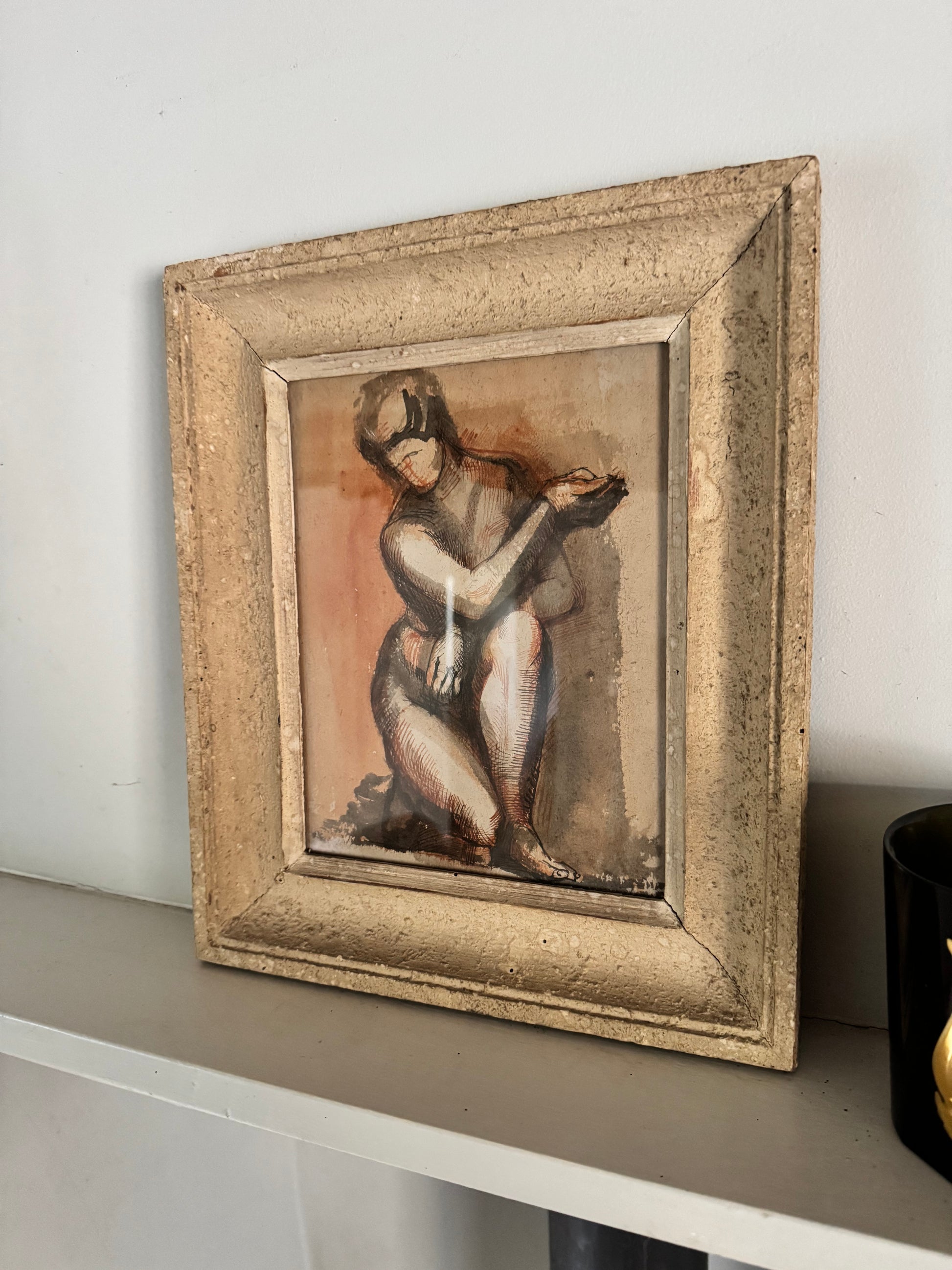 Nude Ink Study  In Vintage French Frame