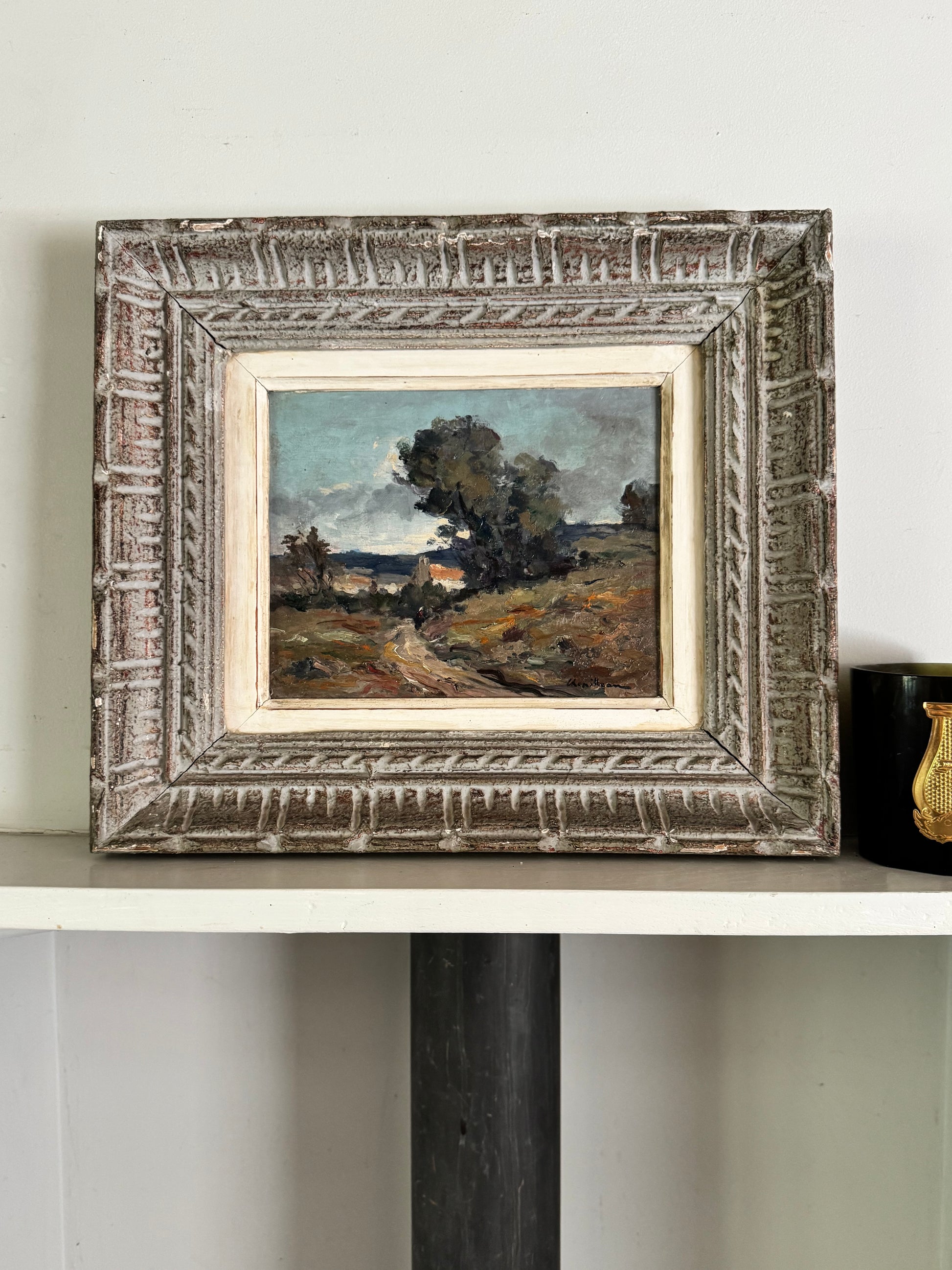 Antique Framed Oil On Board French Landscape 'Stormy Evening'
