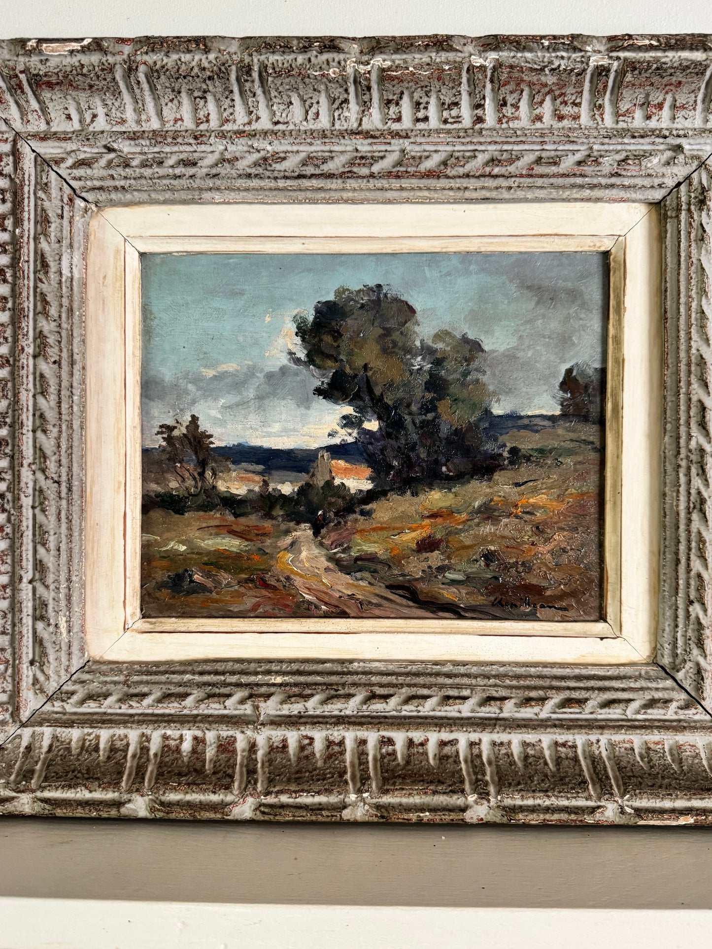 Antique Framed Oil On Board French Landscape 'Stormy Evening'