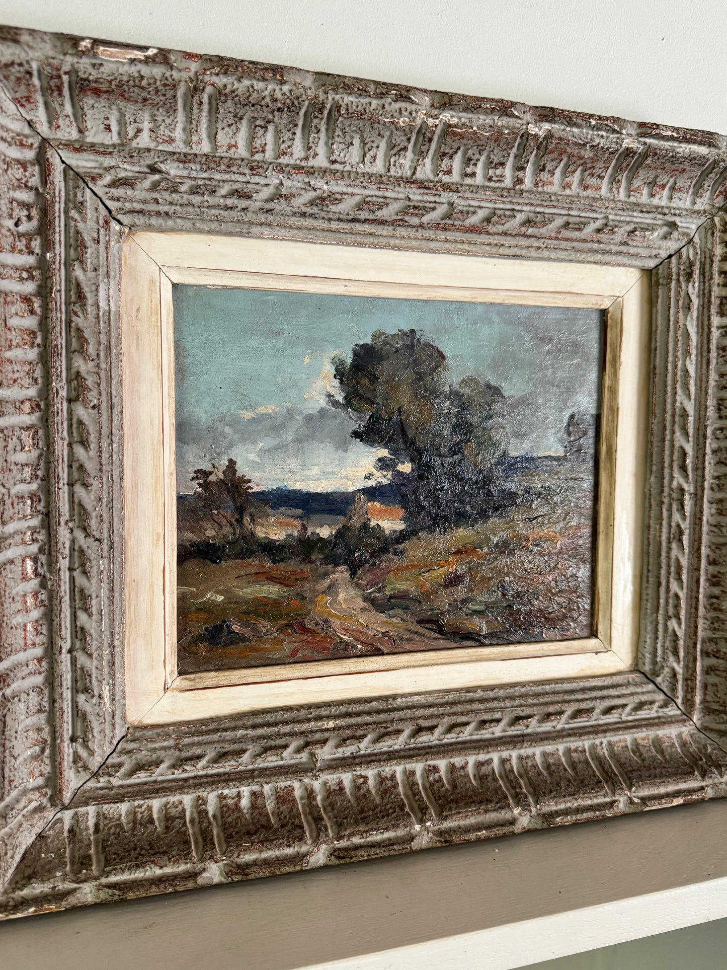 Antique Framed Oil On Board French Landscape 'Stormy Evening'