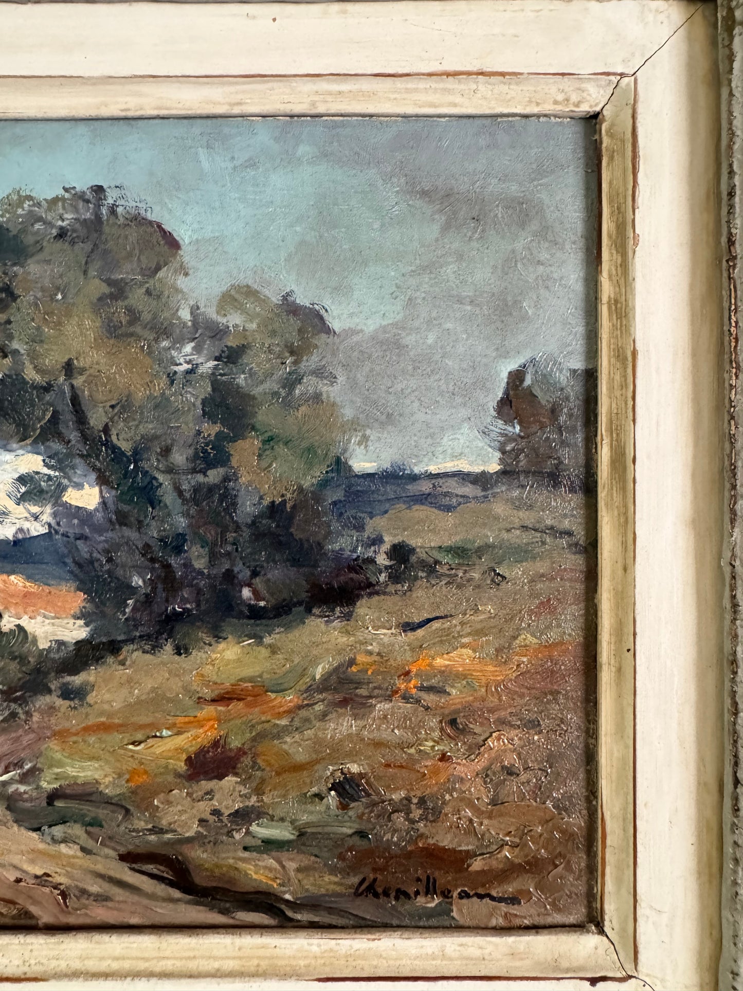 Antique Framed Oil On Board French Landscape 'Stormy Evening'