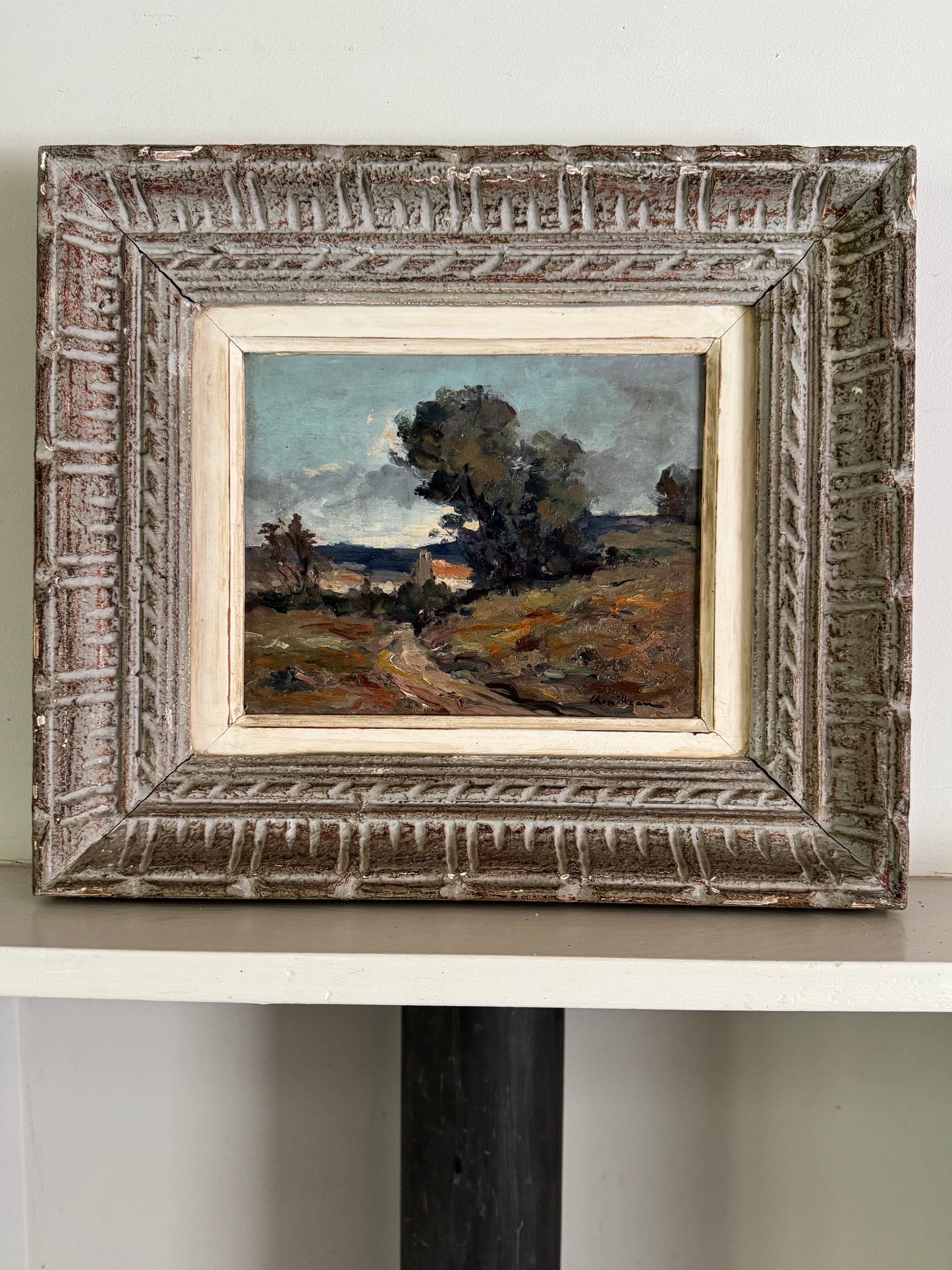Antique Framed Oil On Board French Landscape 'Stormy Evening'