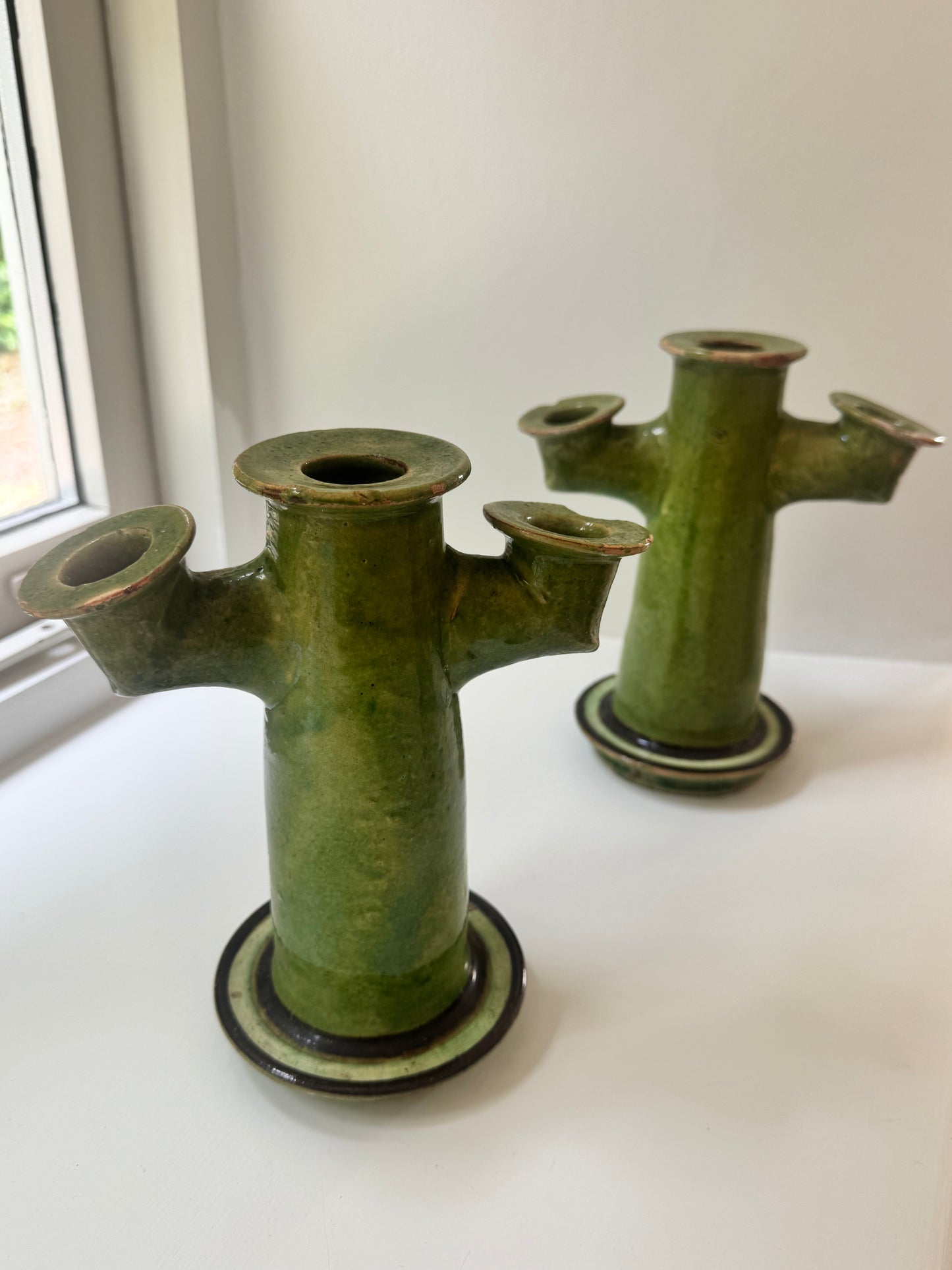 Pair Antique  Glazed Green Earthenware Candlesticks
