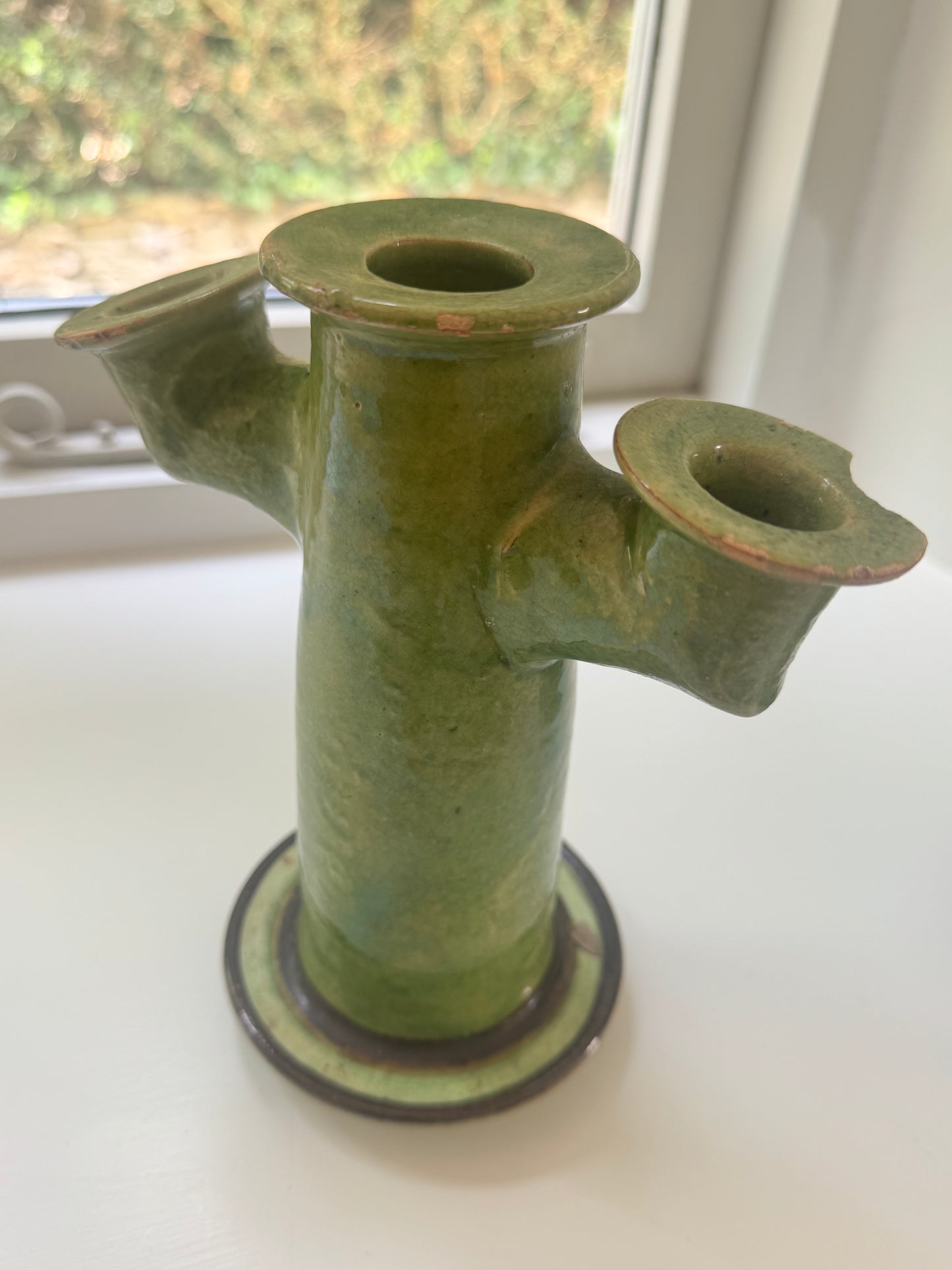 Pair Antique  Glazed Green Earthenware Candlesticks