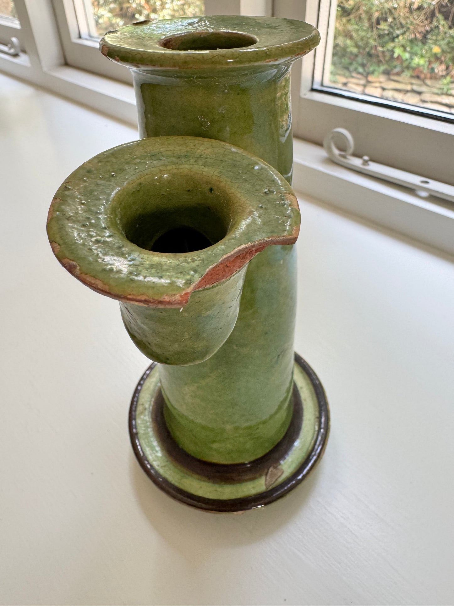 Pair Antique  Glazed Green Earthenware Candlesticks