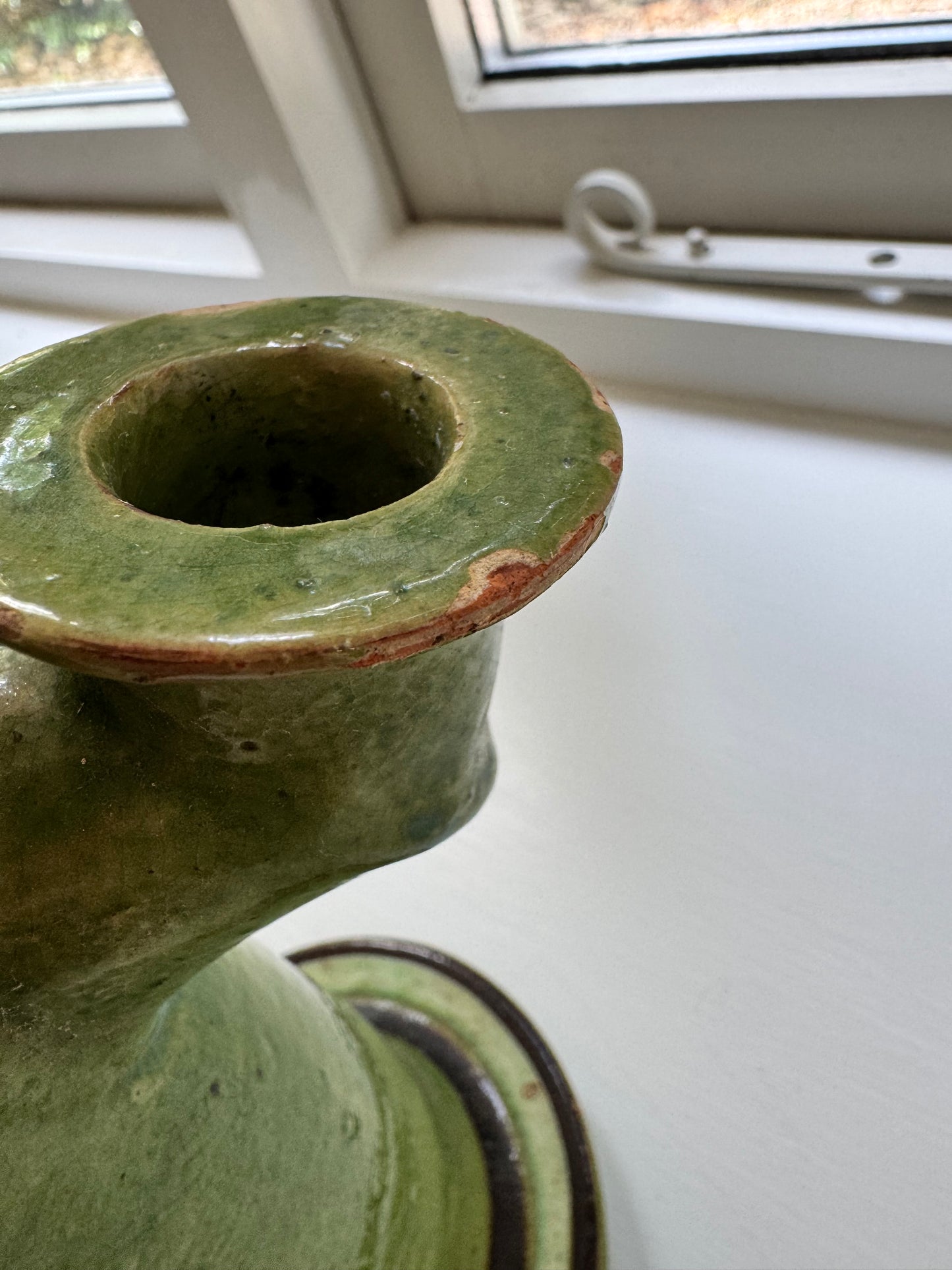 Pair Antique  Glazed Green Earthenware Candlesticks