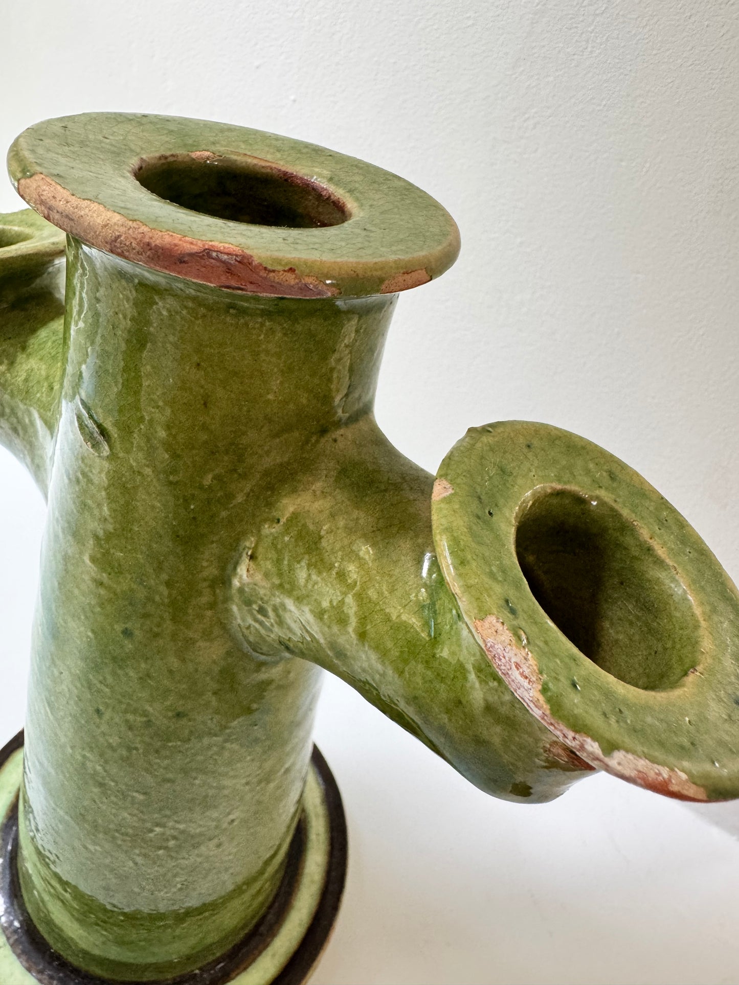 Pair Antique  Glazed Green Earthenware Candlesticks