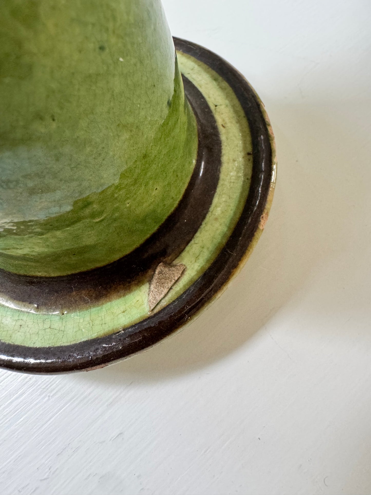 Pair Antique  Glazed Green Earthenware Candlesticks