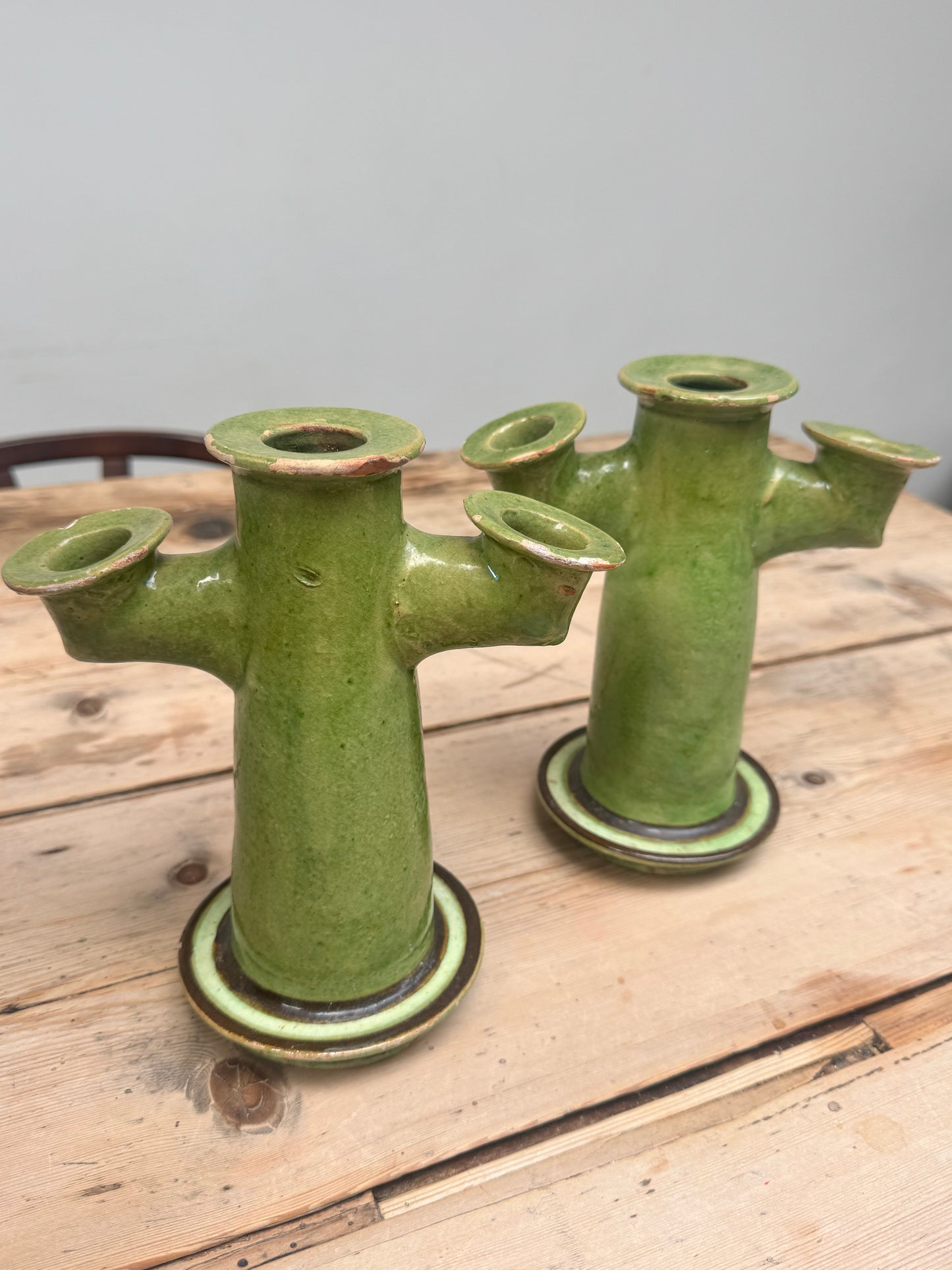 Pair Antique  Glazed Green Earthenware Candlesticks