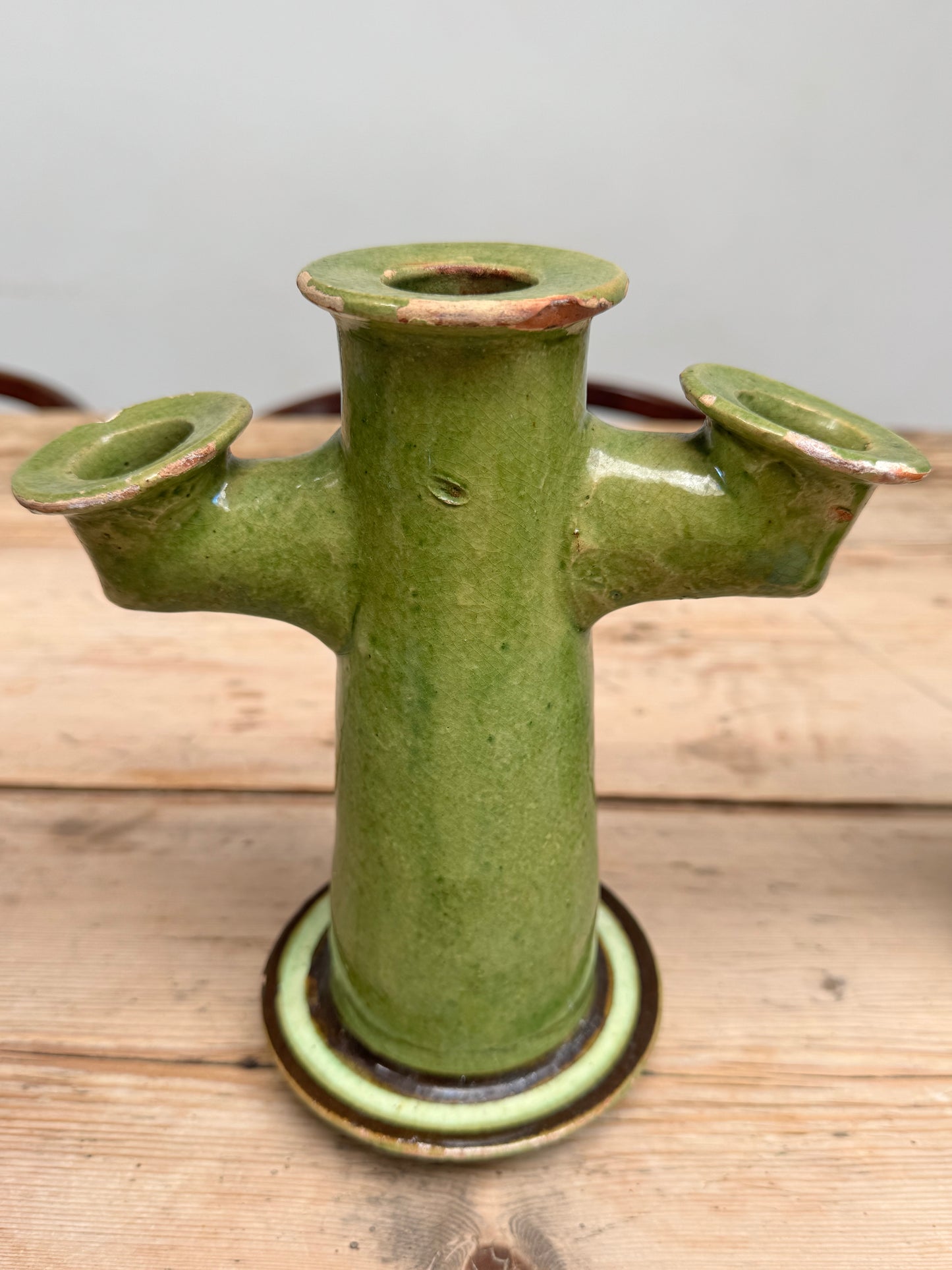 Pair Antique  Glazed Green Earthenware Candlesticks