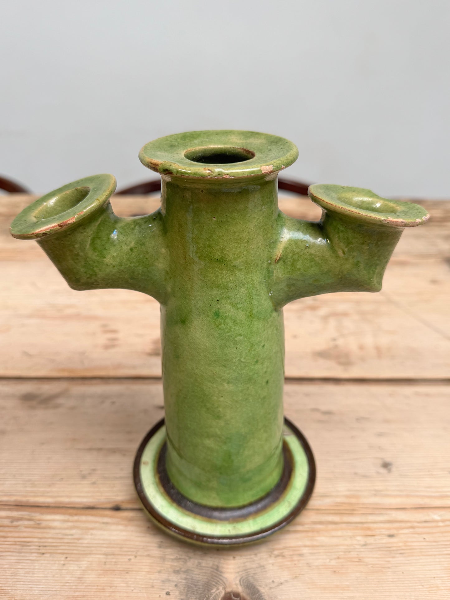 Pair Antique  Glazed Green Earthenware Candlesticks
