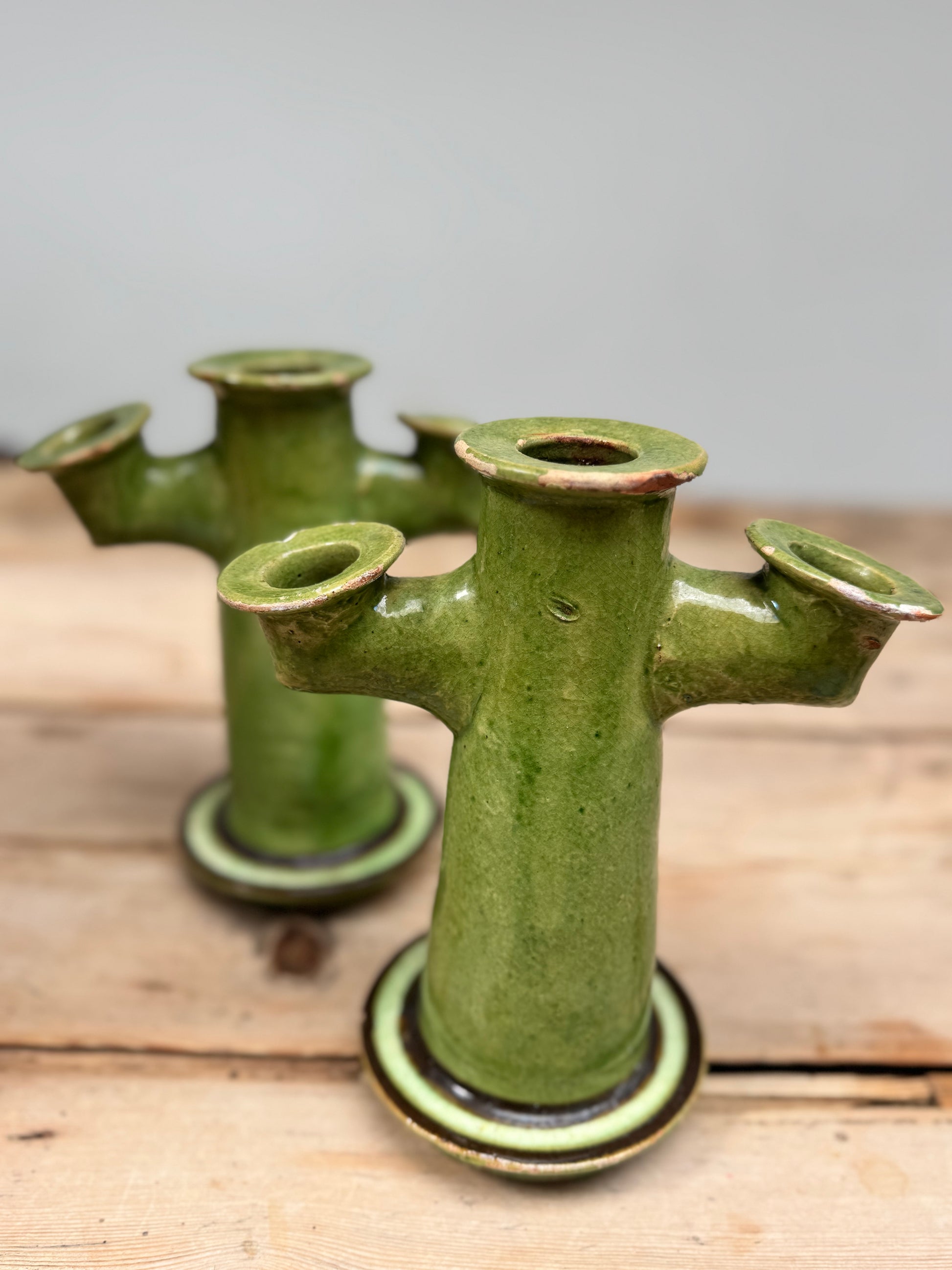 Pair Antique  Glazed Green Earthenware Candlesticks