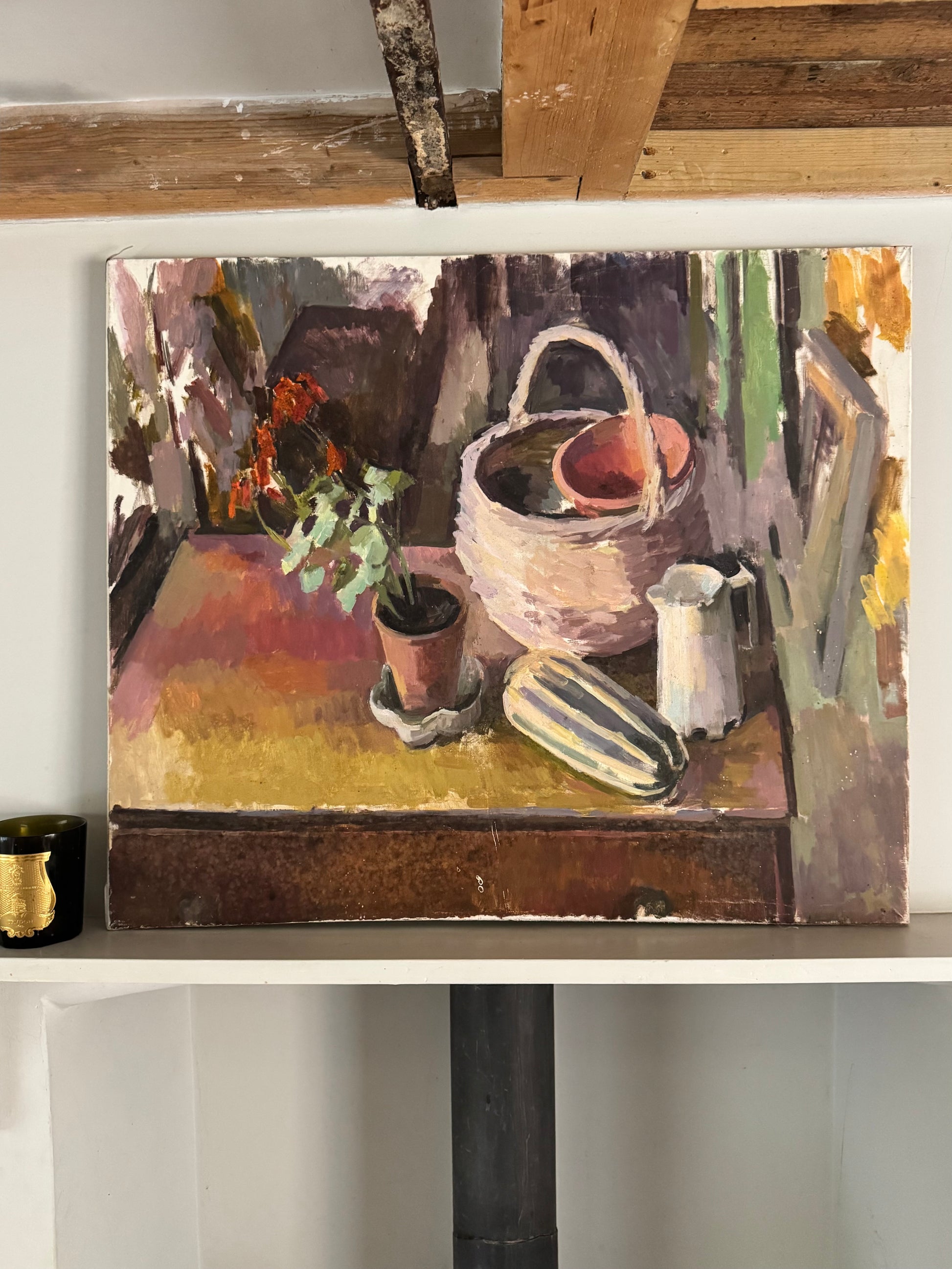 Large Mid Century Oil On Canvas Still Life With A Geranium 