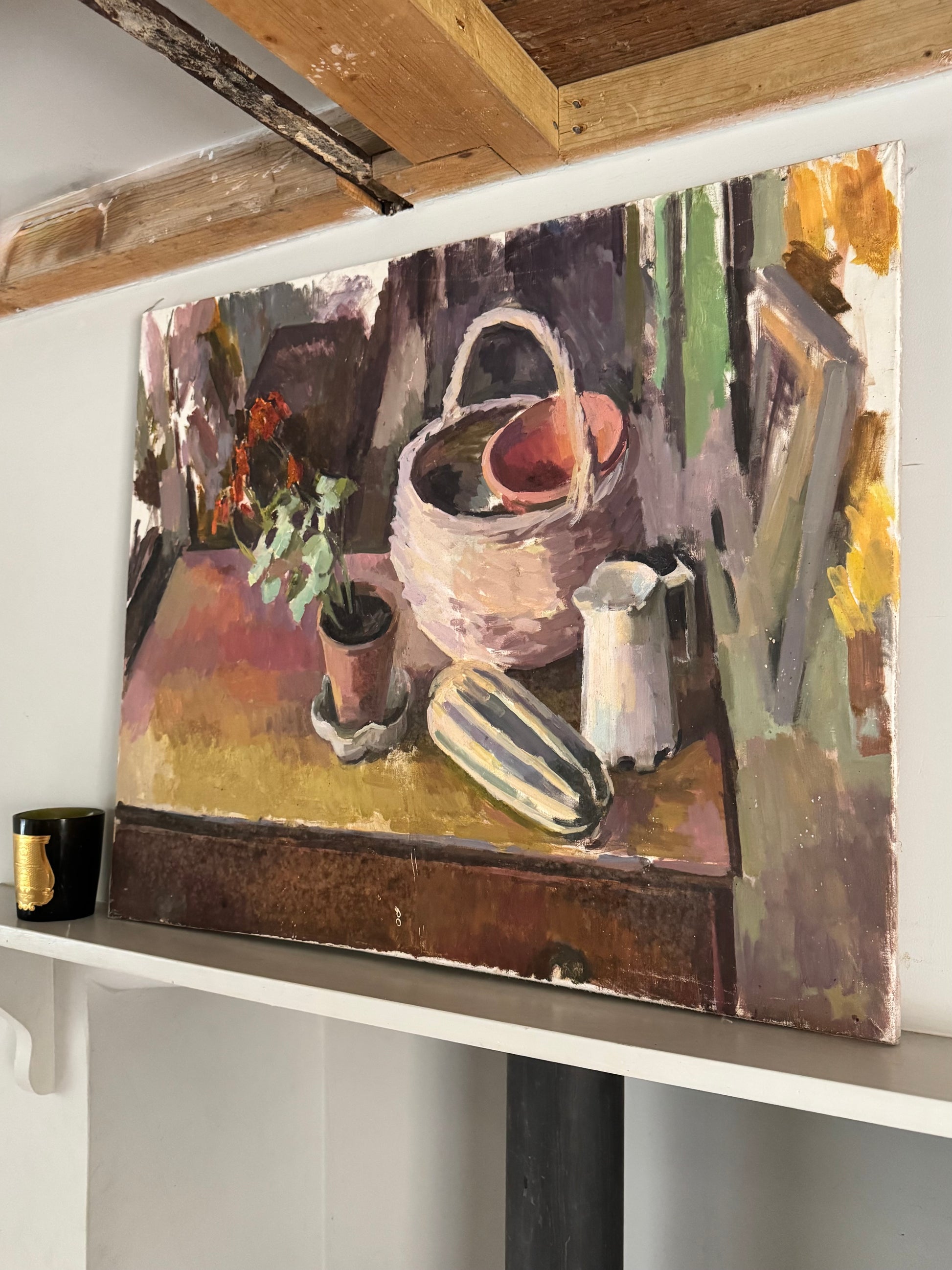 Large Mid Century Oil On Canvas Still Life With A Geranium 