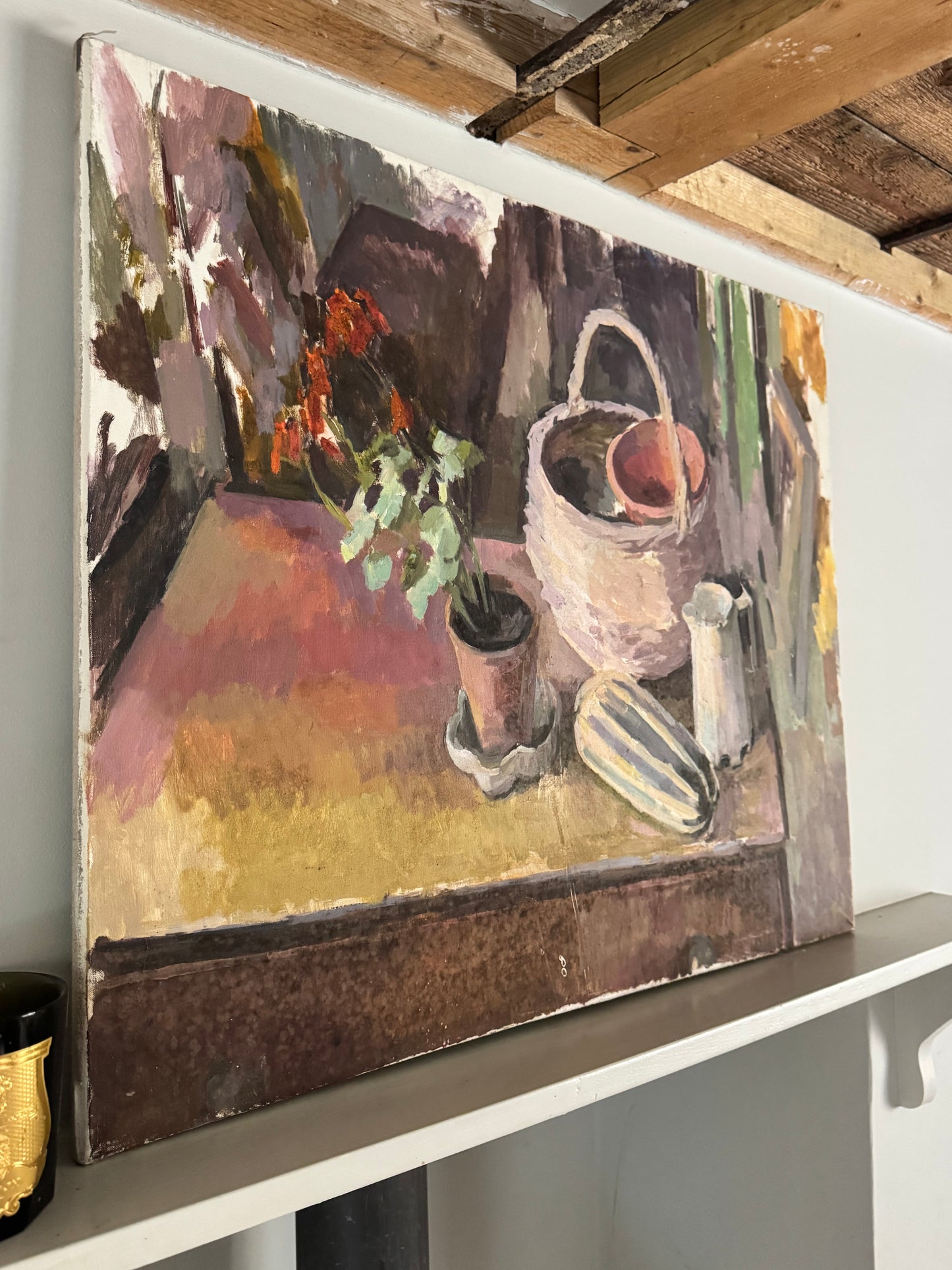Large Mid Century Oil On Canvas Still Life With A Geranium