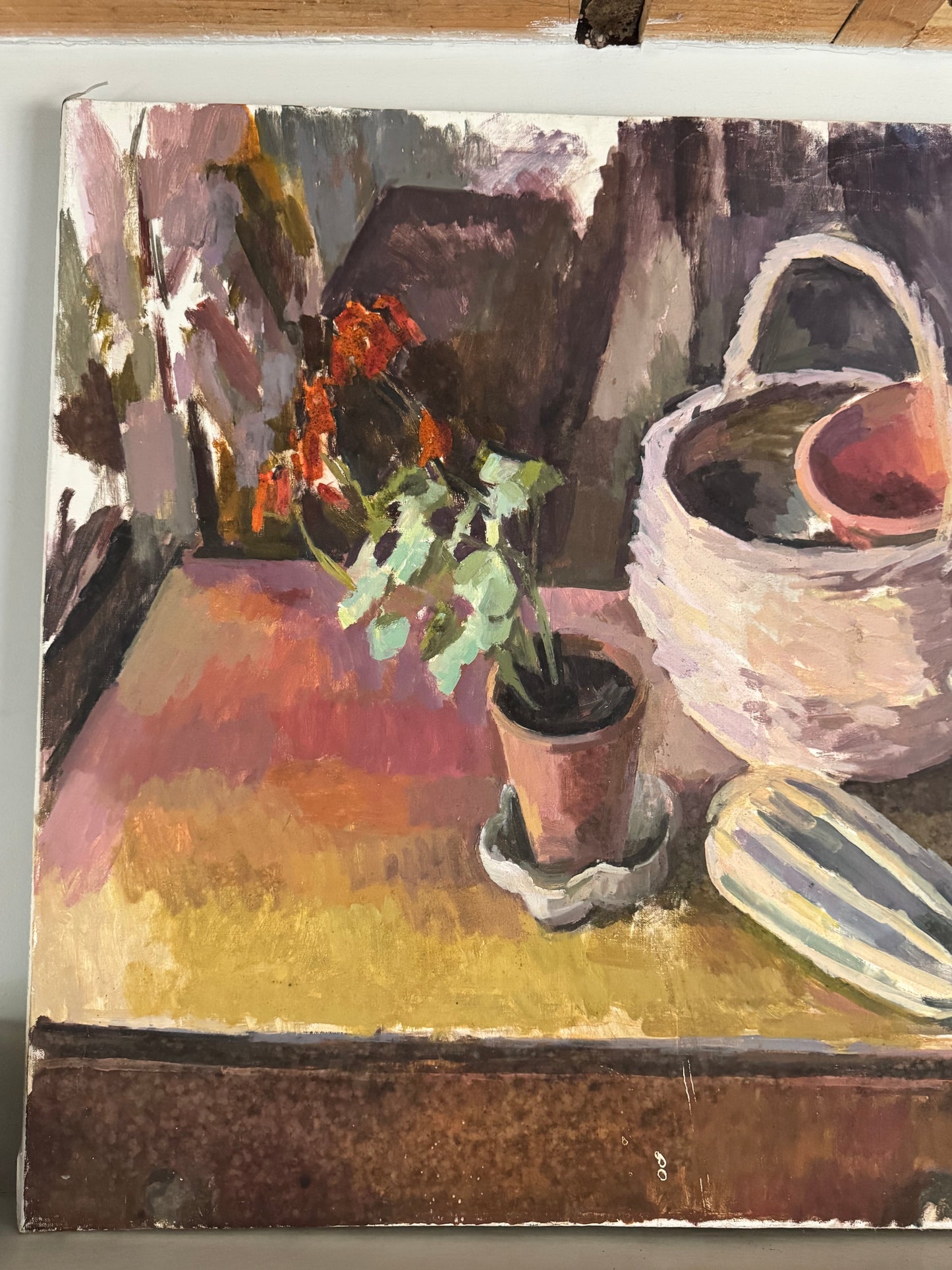 Large Mid Century Oil On Canvas Still Life With A Geranium