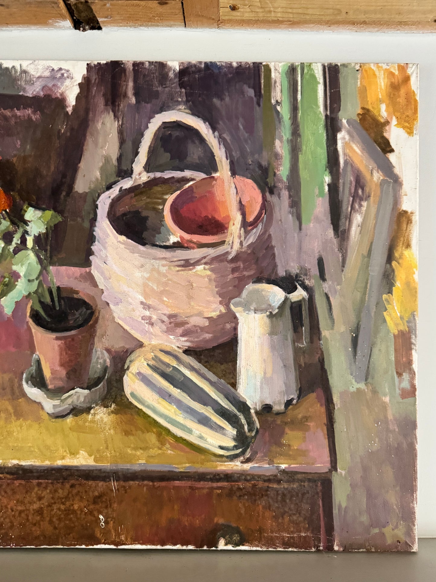 Large Mid Century Oil On Canvas Still Life With A Geranium