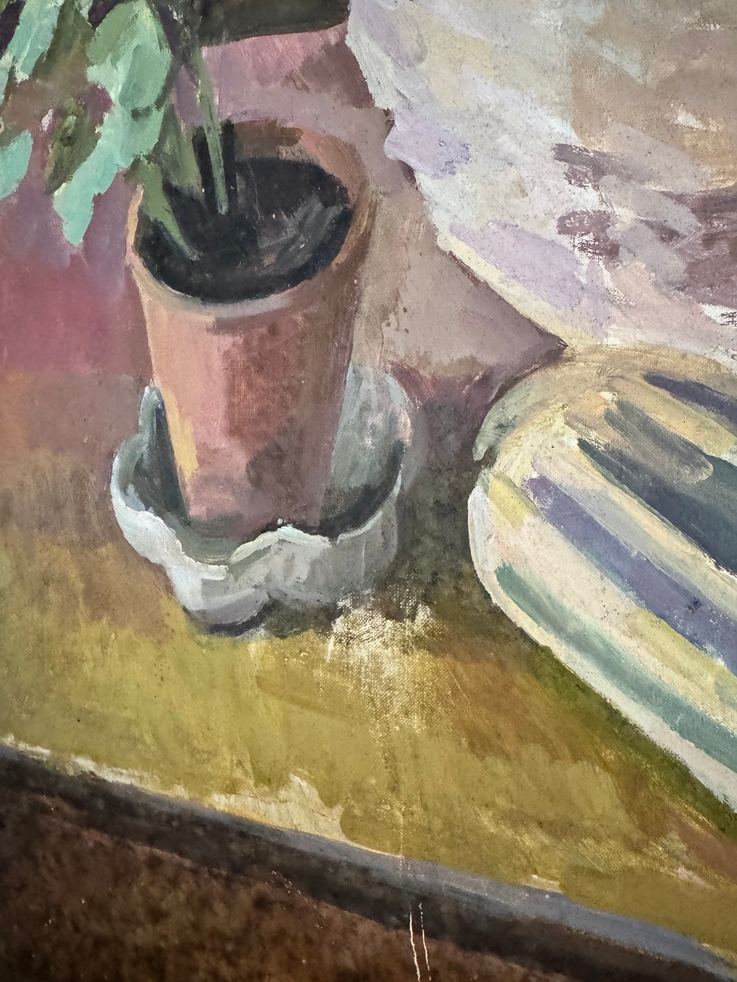Large Mid Century Oil On Canvas Still Life With A Geranium