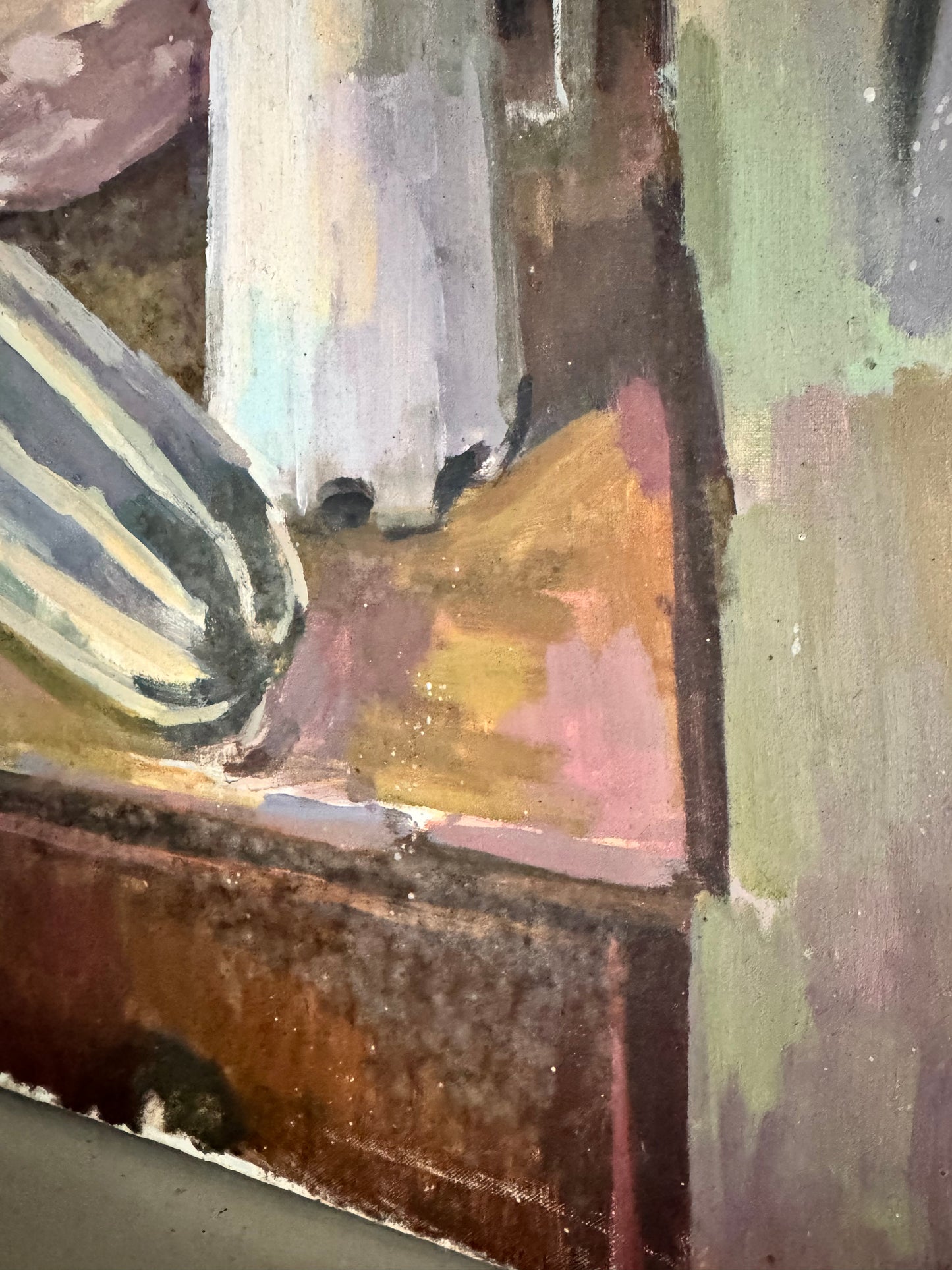 Large Mid Century Oil On Canvas Still Life With A Geranium