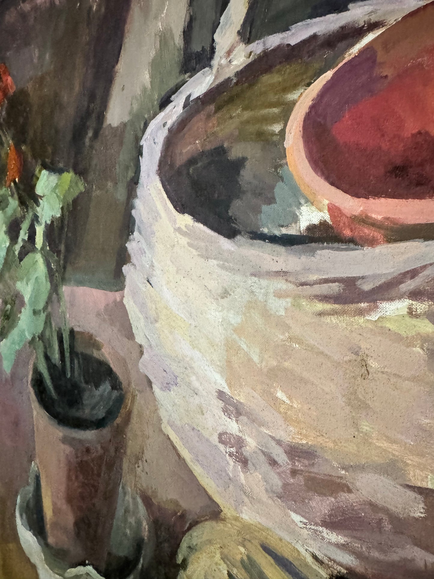Large Mid Century Oil On Canvas Still Life With A Geranium
