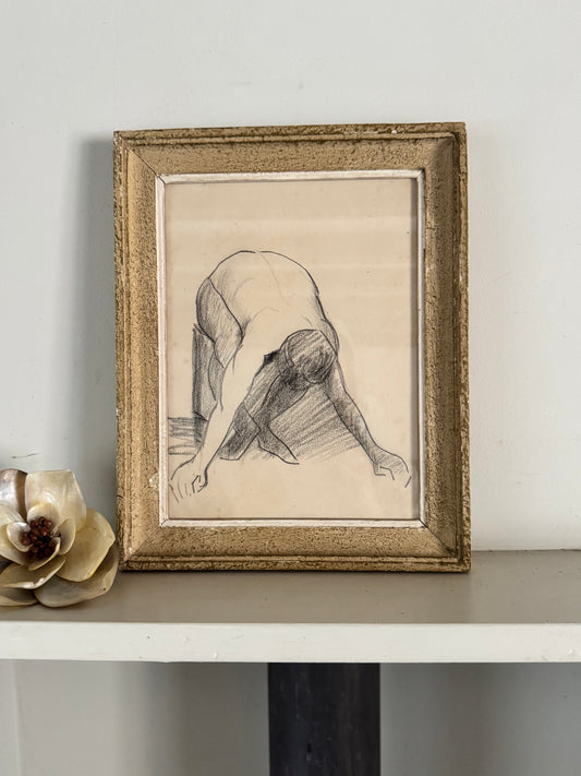 Nude Pencil Study  In Vintage French Frame