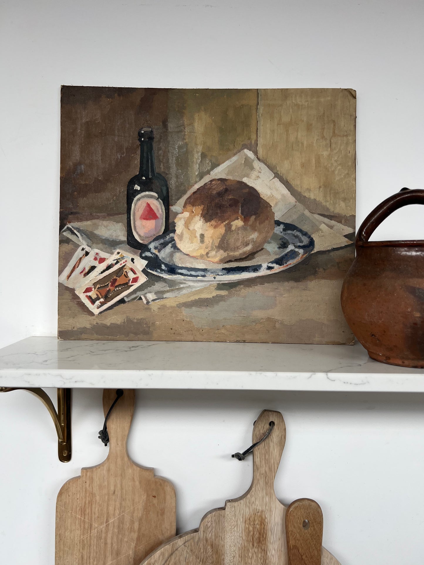 Mid Century Still Life Bread & Beer Oil On Board