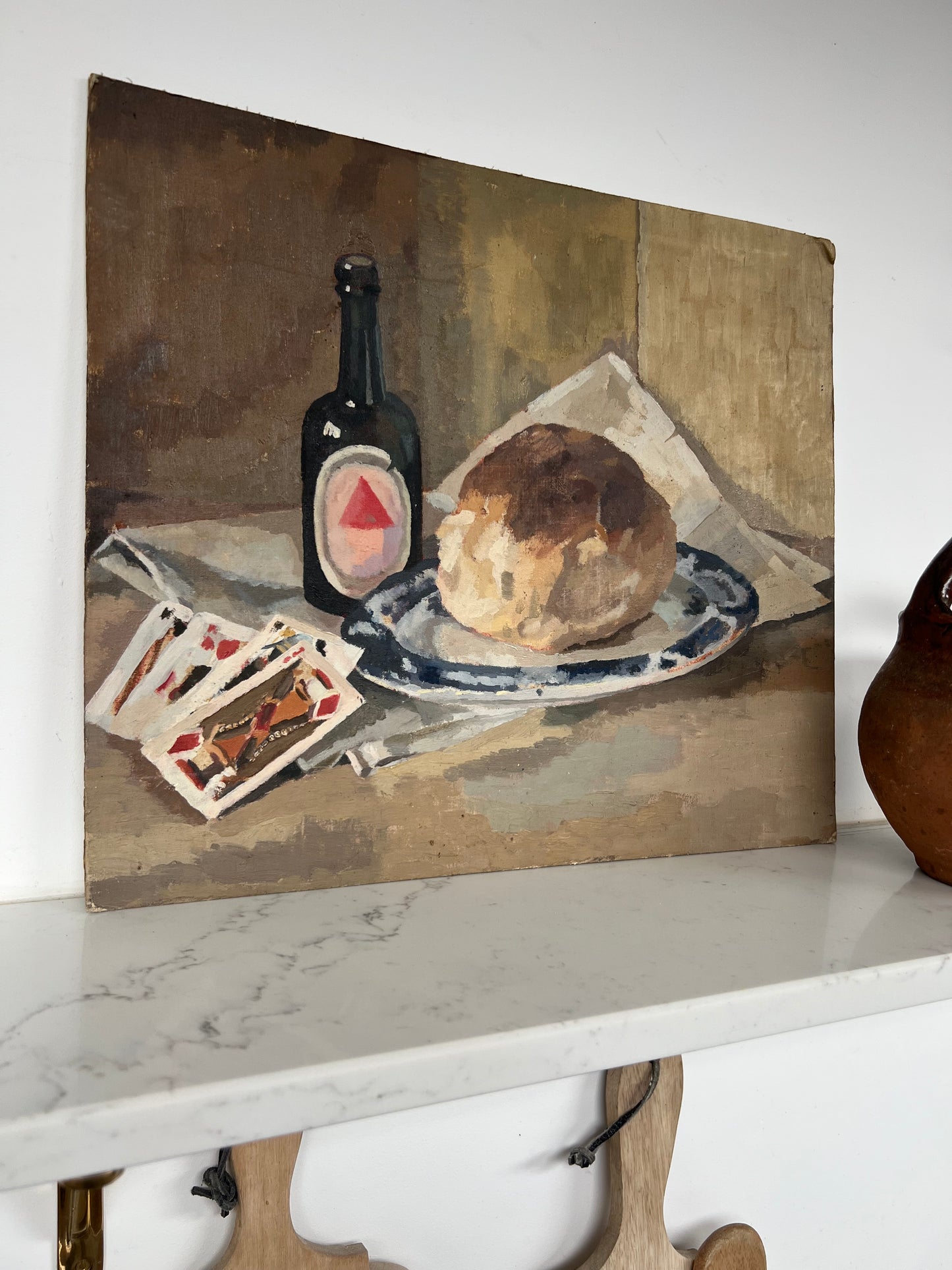 Mid Century Still Life Bread & Beer Oil On Board