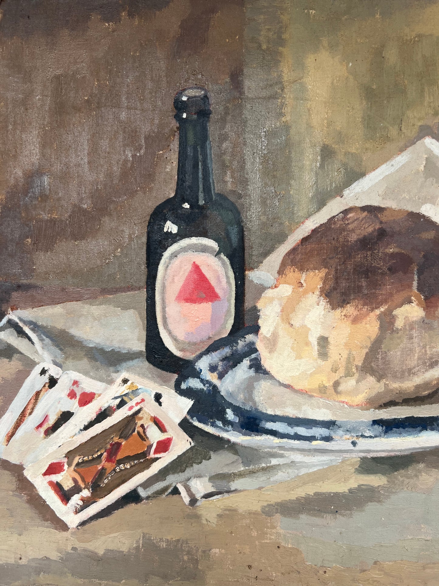 Mid Century Still Life Bread & Beer Oil On Board