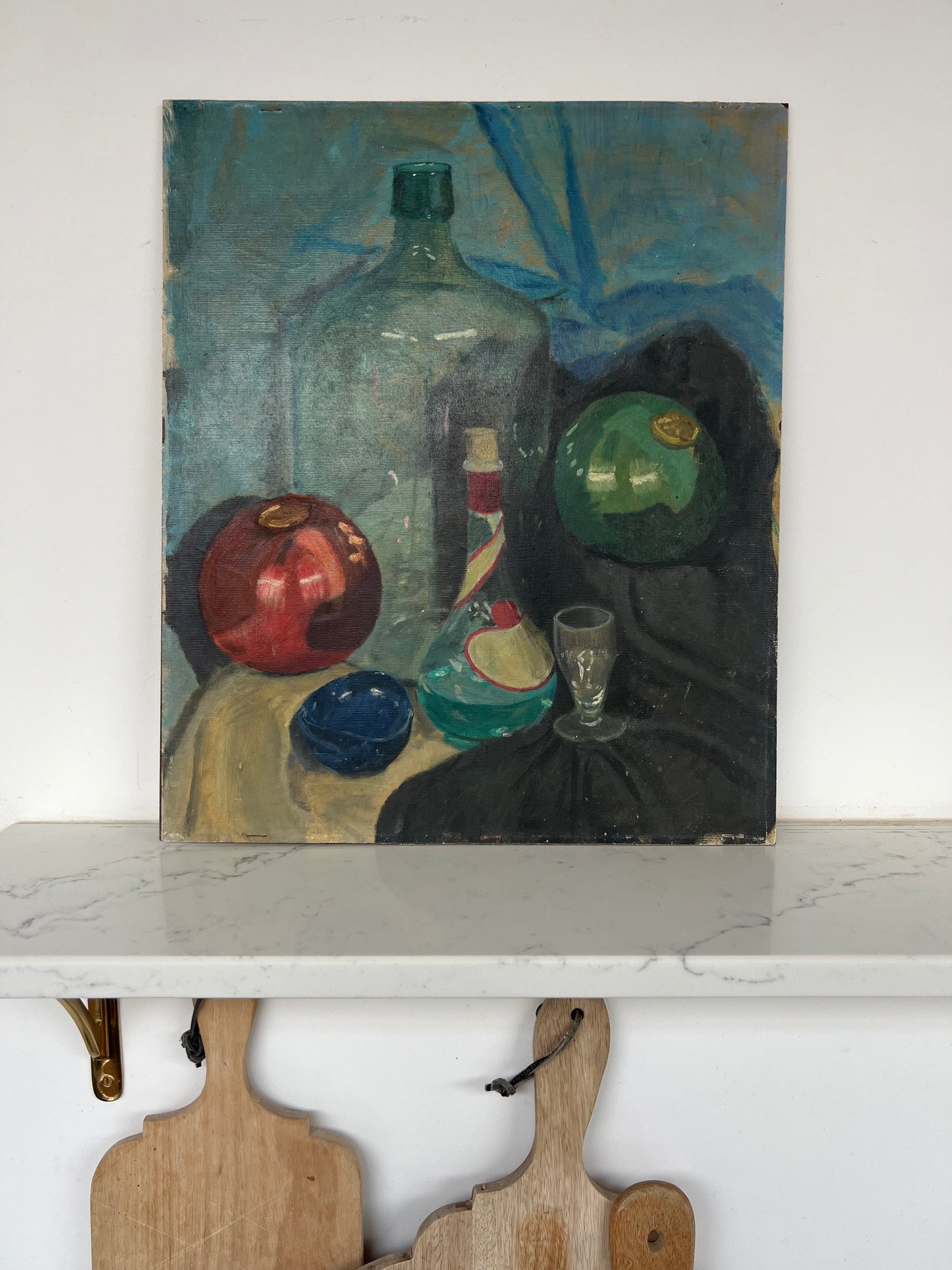 Mid Century Still Life Bottle & Witches Balls Oil On Board