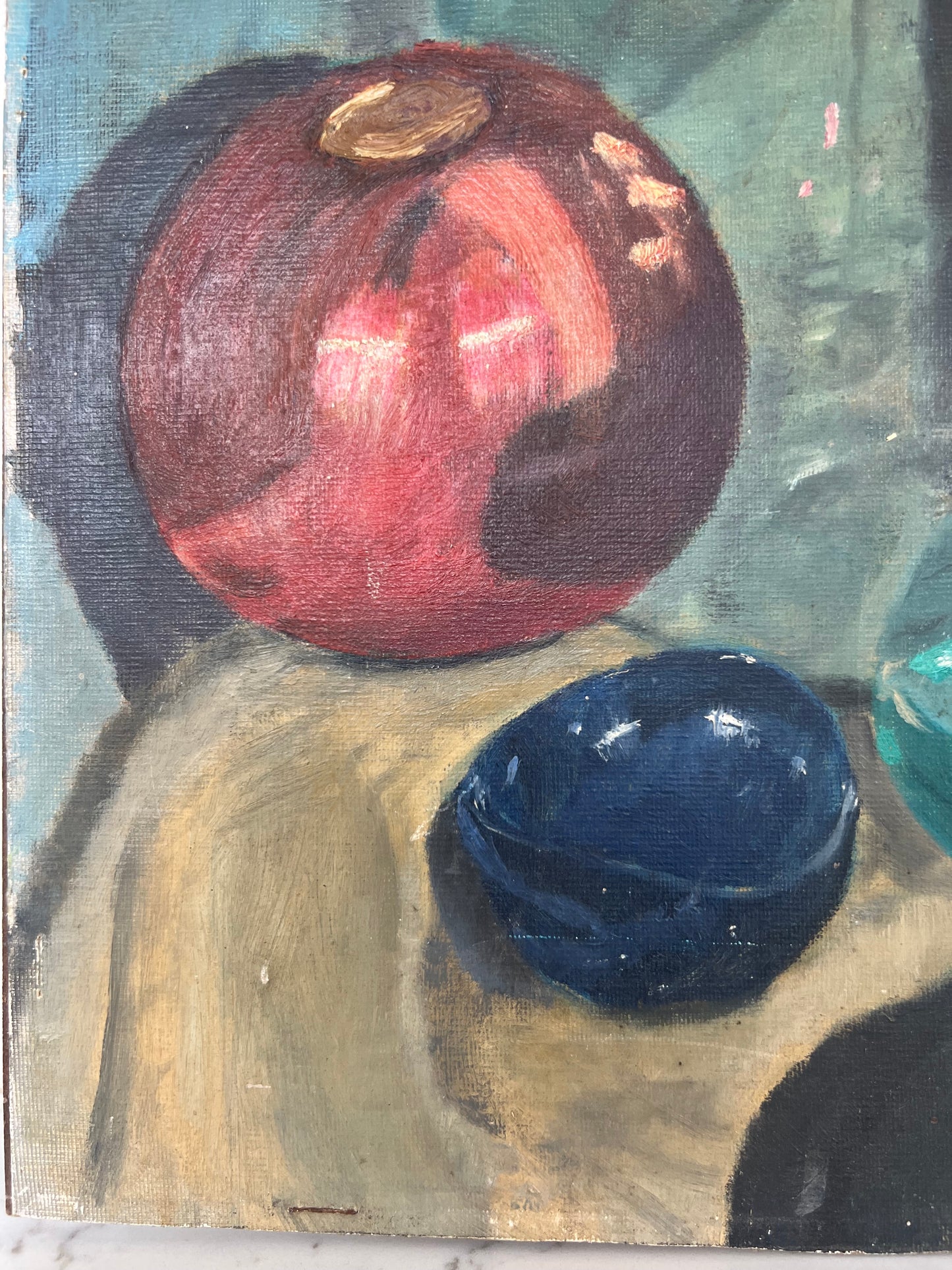 Mid Century Still Life Bottle & Witches Balls Oil On Board