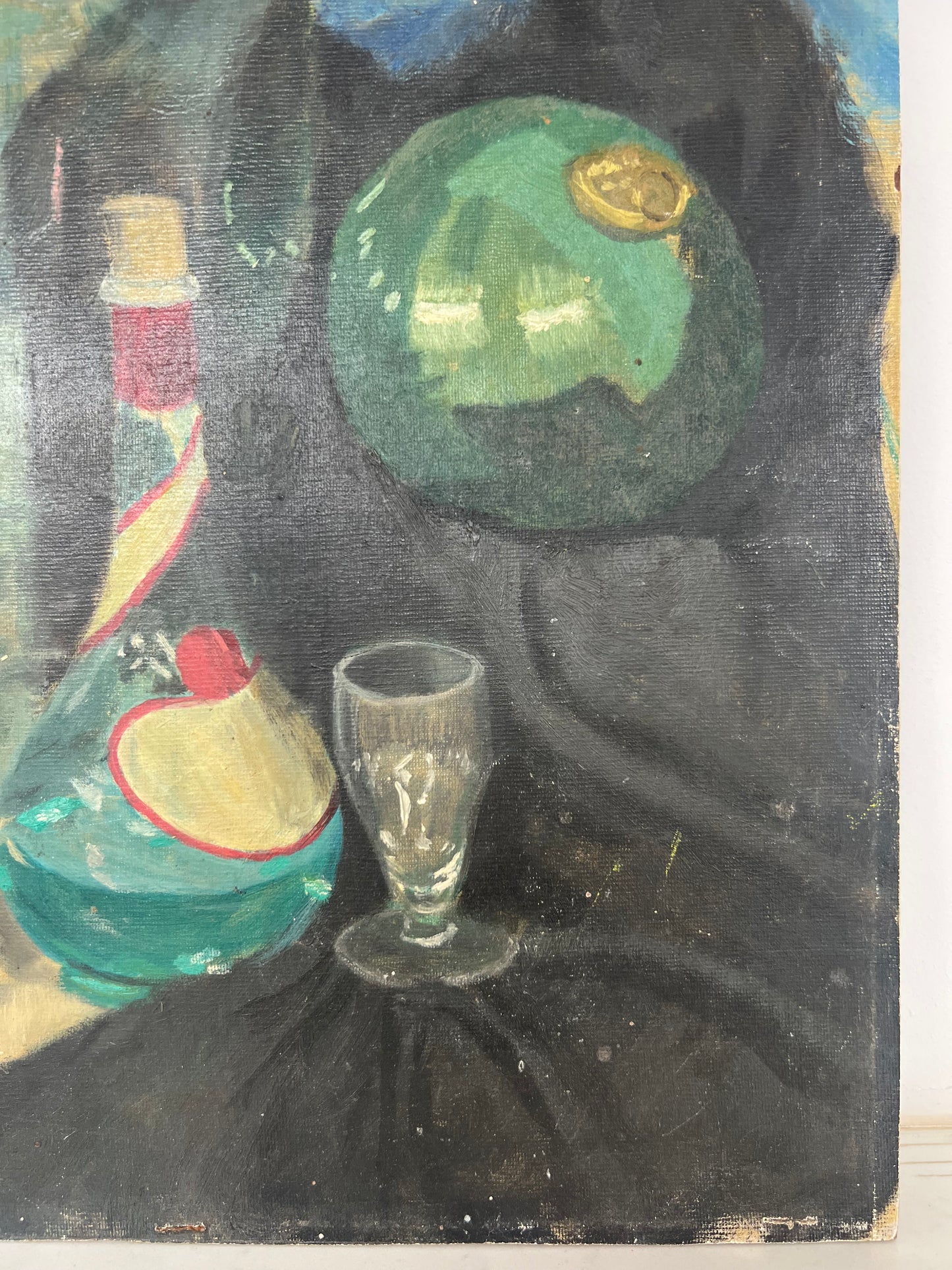 Mid Century Still Life Bottle & Witches Balls Oil On Board