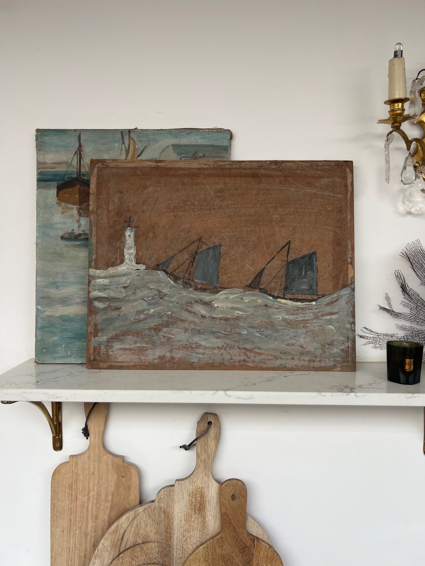 Vintage Rustic Painting On Board Sail Boats on Rough Seas