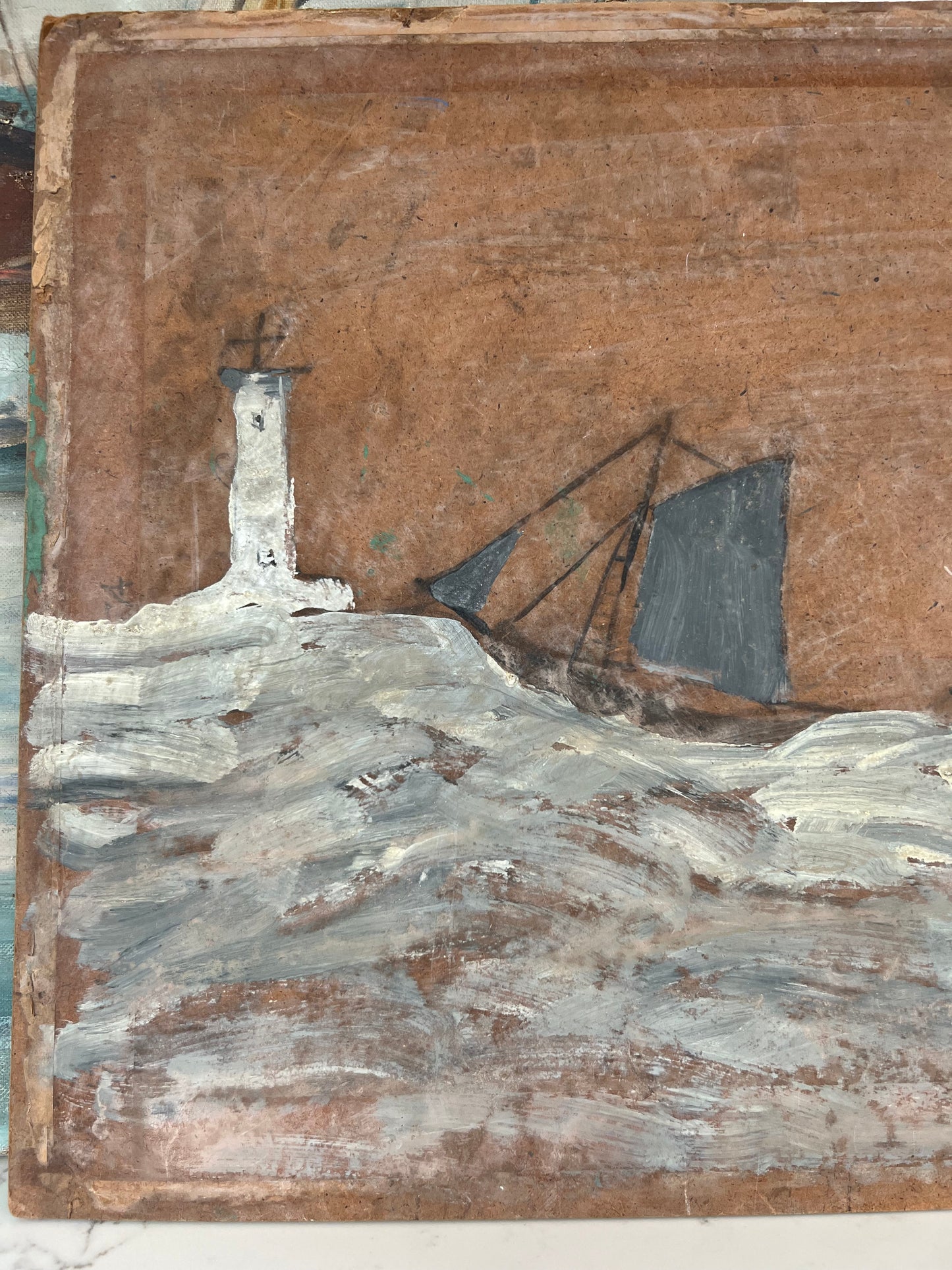 Vintage Rustic Painting On Board Sail Boats on Rough Seas