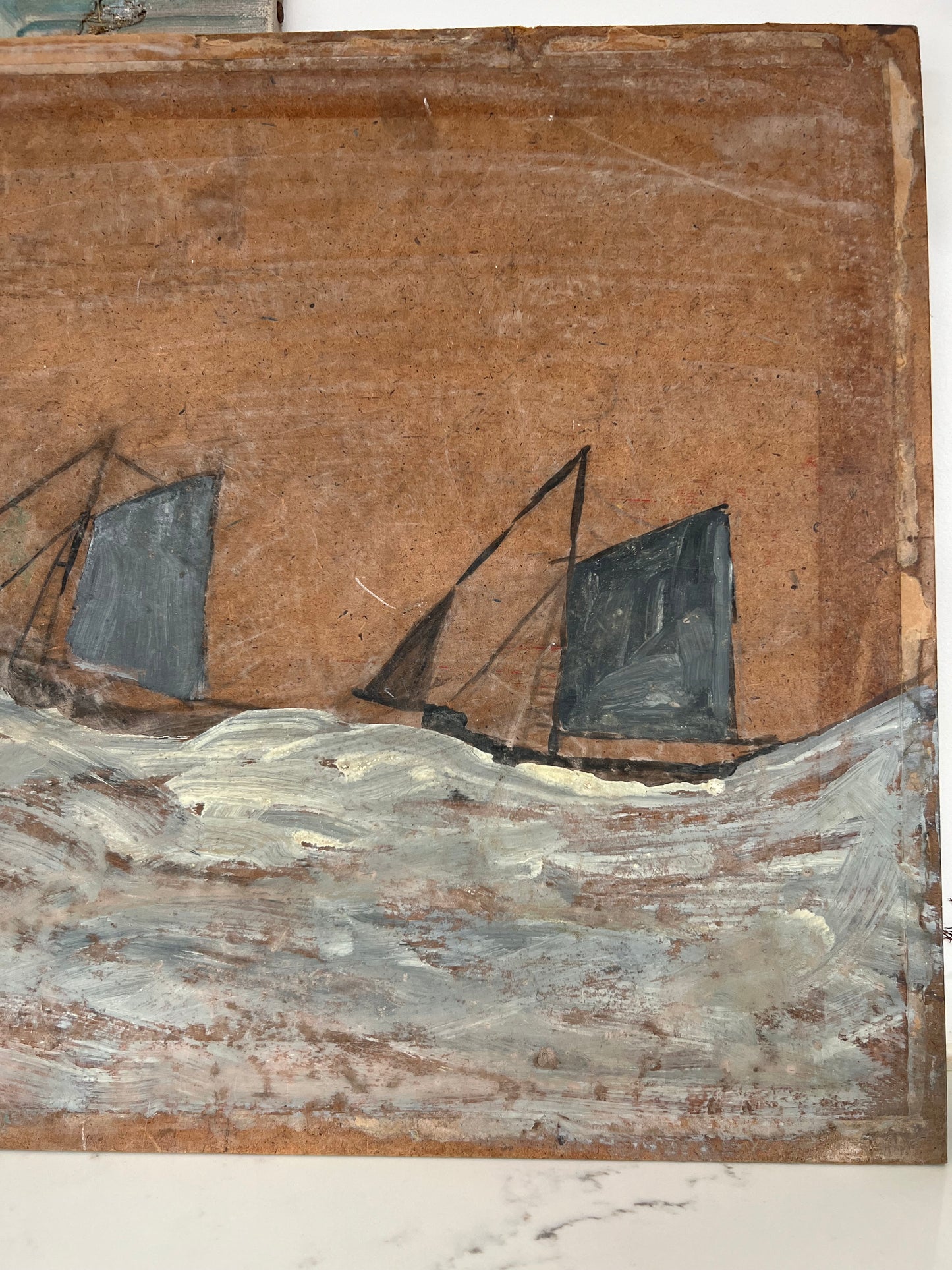 Vintage Rustic Painting On Board Sail Boats on Rough Seas