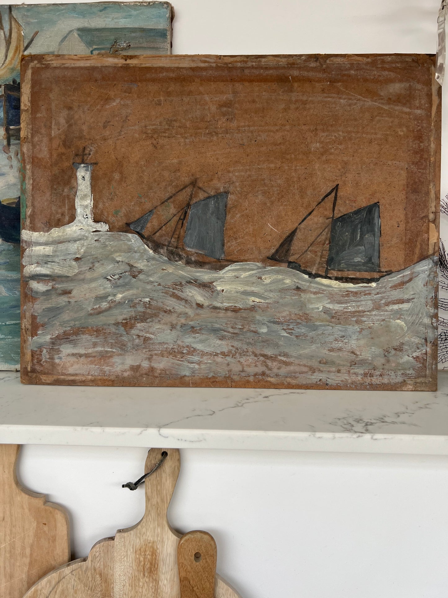 Vintage Rustic Painting On Board Sail Boats on Rough Seas