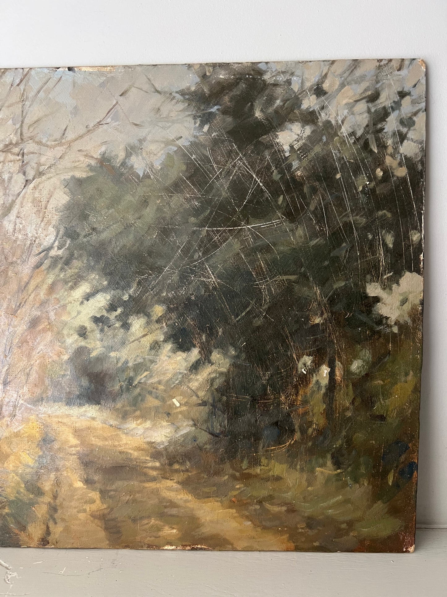 Mid Century Oil On Board Country Lane Landscape