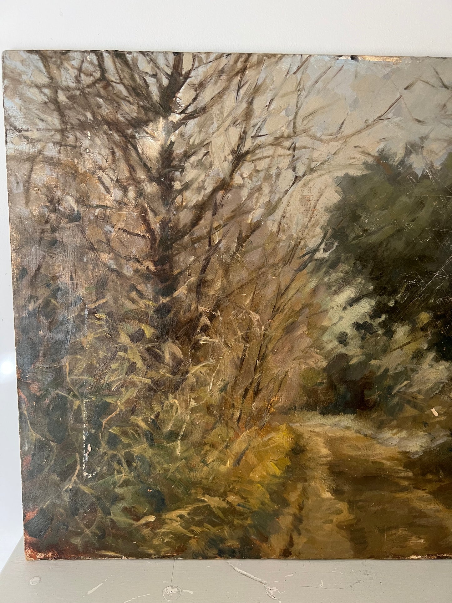 Mid Century Oil On Board Country Lane Landscape