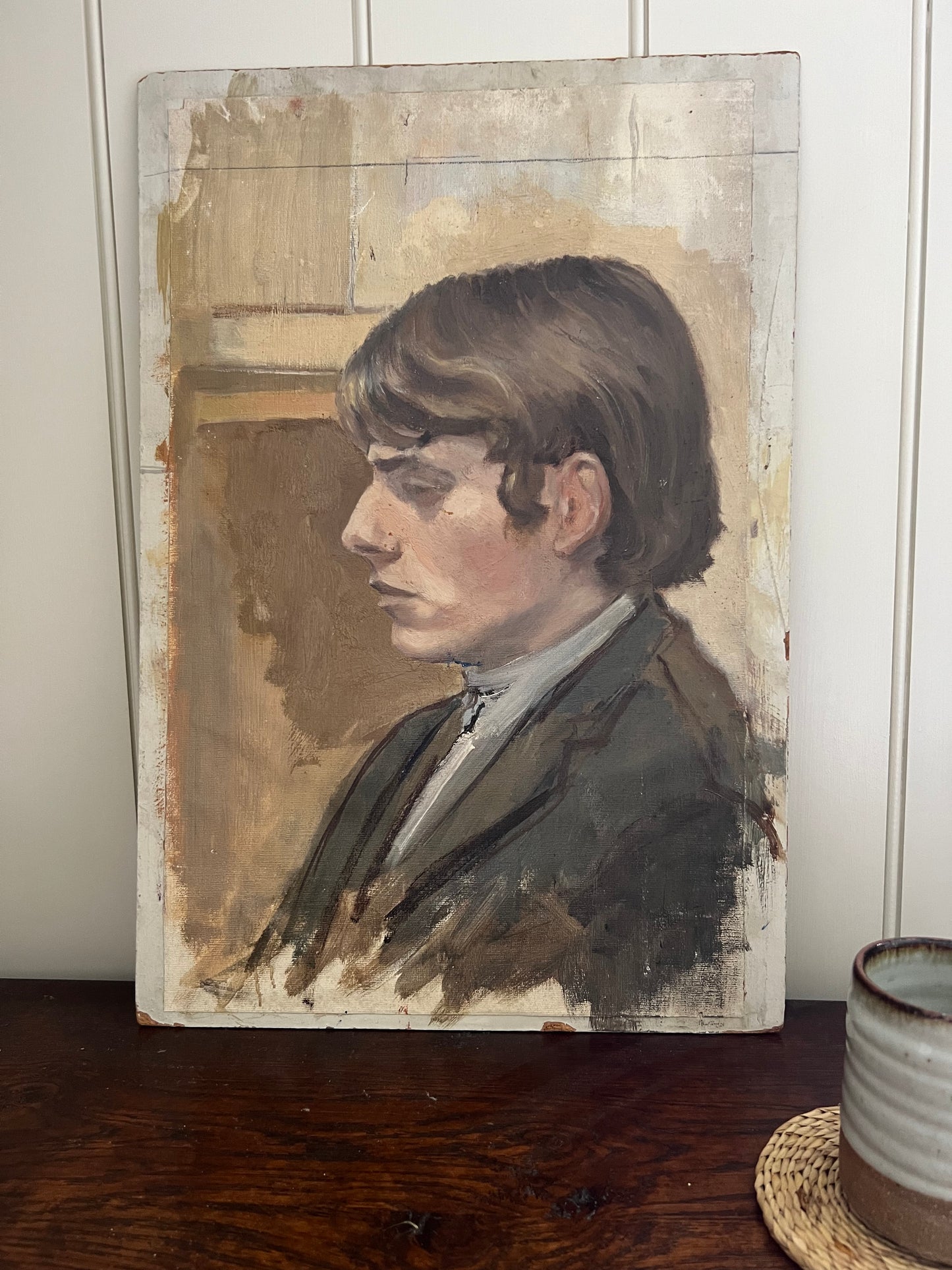 Vintage Mid Century Male Portrait On Board